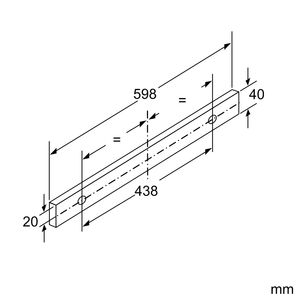 Disegno tecnico di una trave con dimensioni 598mm x 40mm x 20mm.