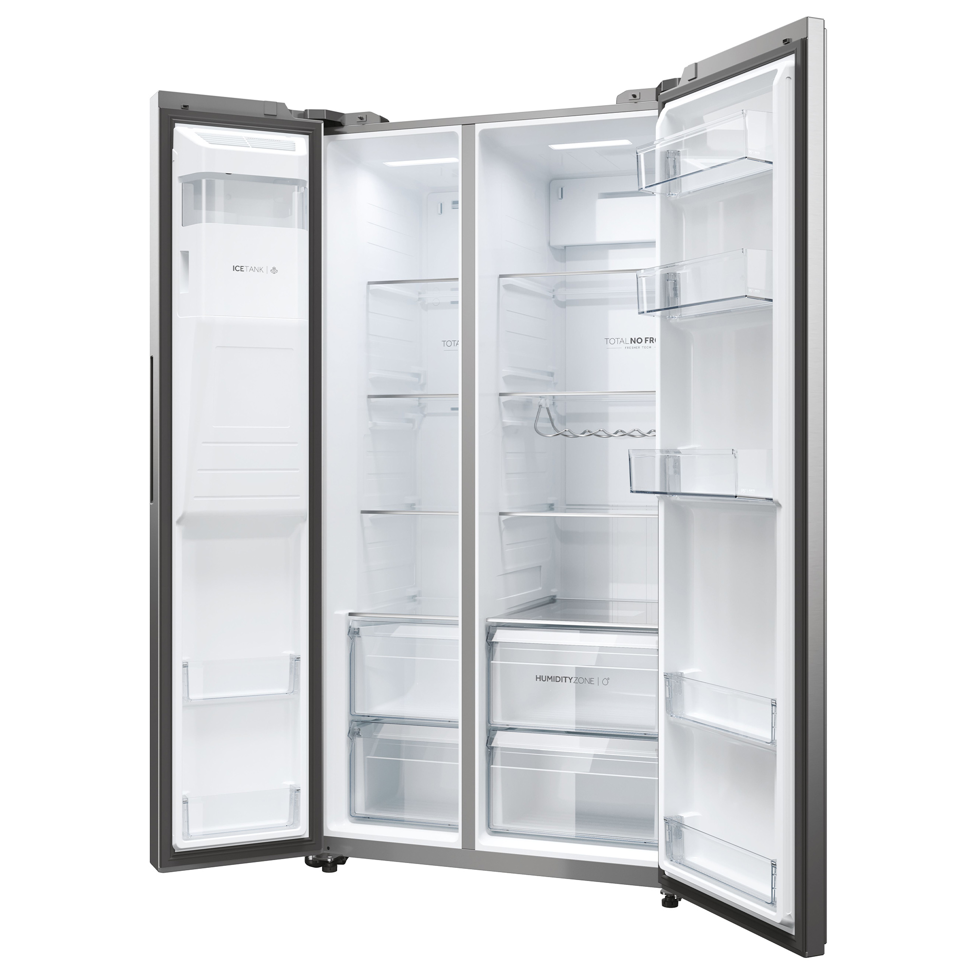 Ein offener, leerer Kühlschrank mit zwei Türen, silberfarben, mit Glasregalen und Schubladen.