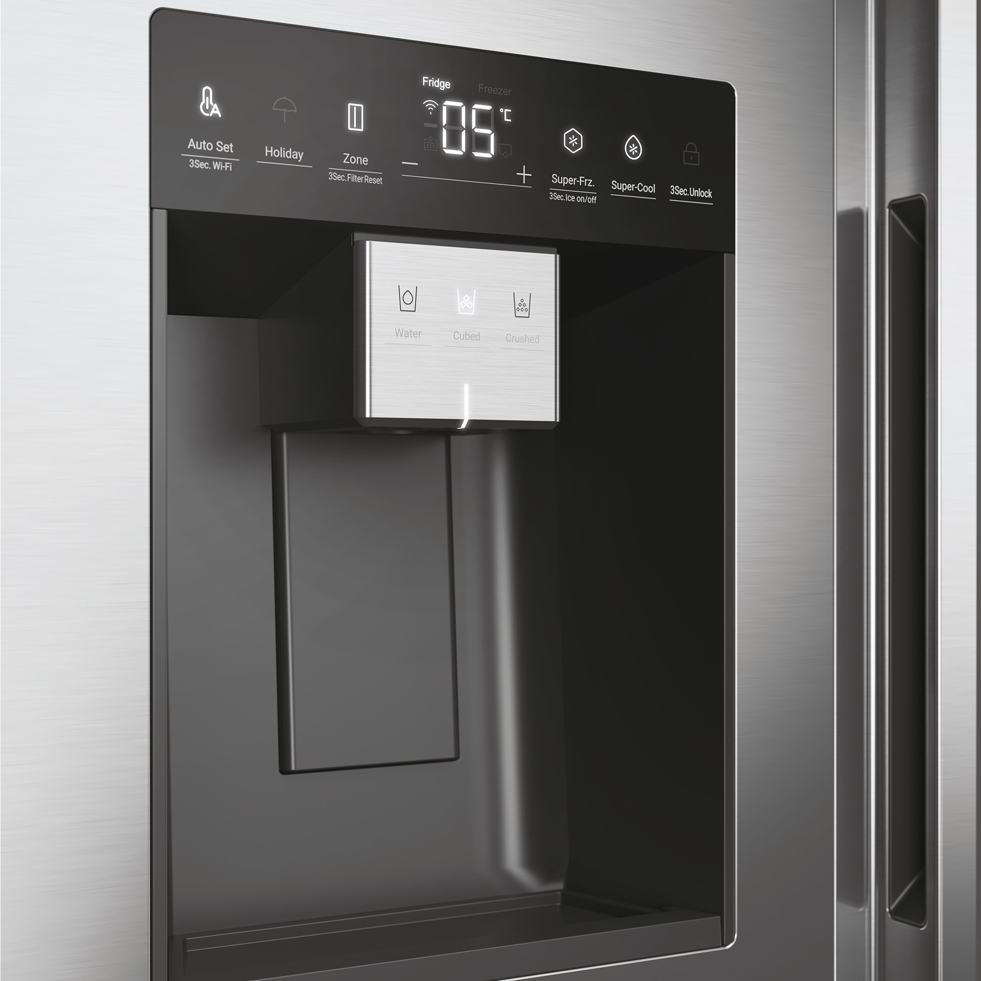 Kühlschrank mit digitaler Anzeige für 5 Grad und Wasserspender.