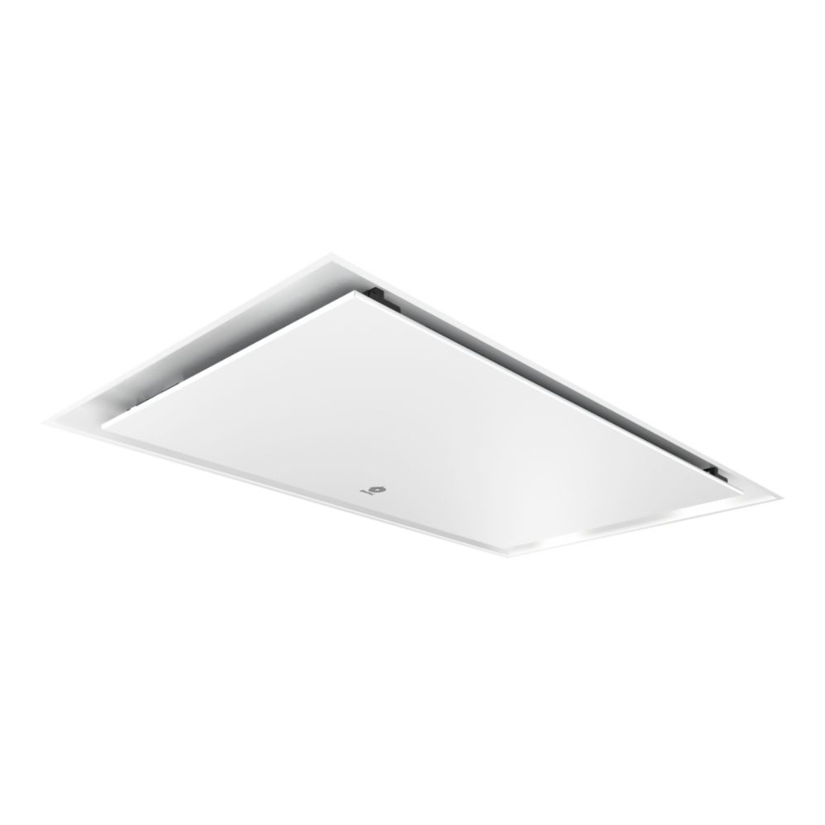 Una cappa da soffitto bianca dal design piatto, installata in un soffitto bianco.