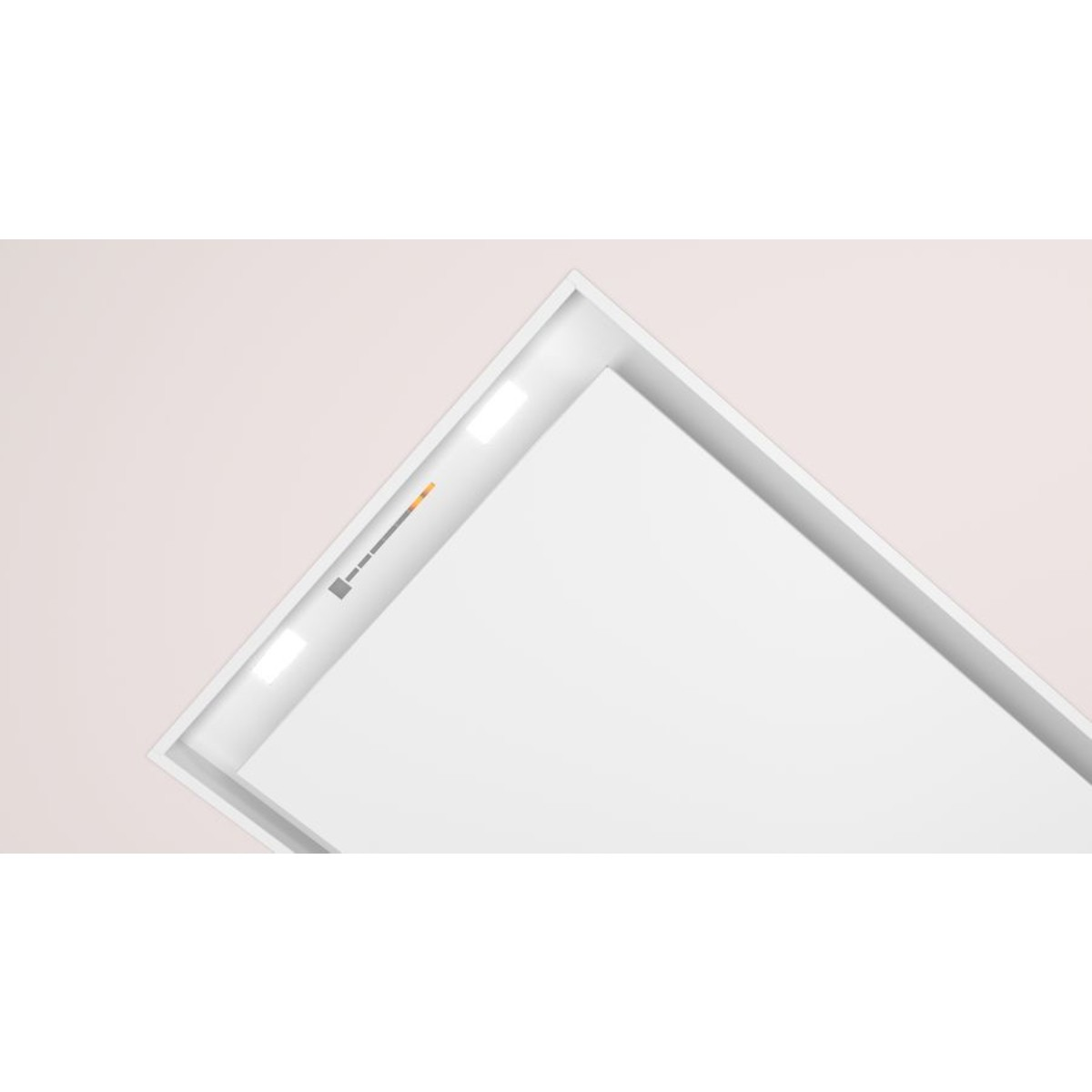 Una cornice bianca a incasso con strisce LED integrate e un piccolo interruttore arancione.