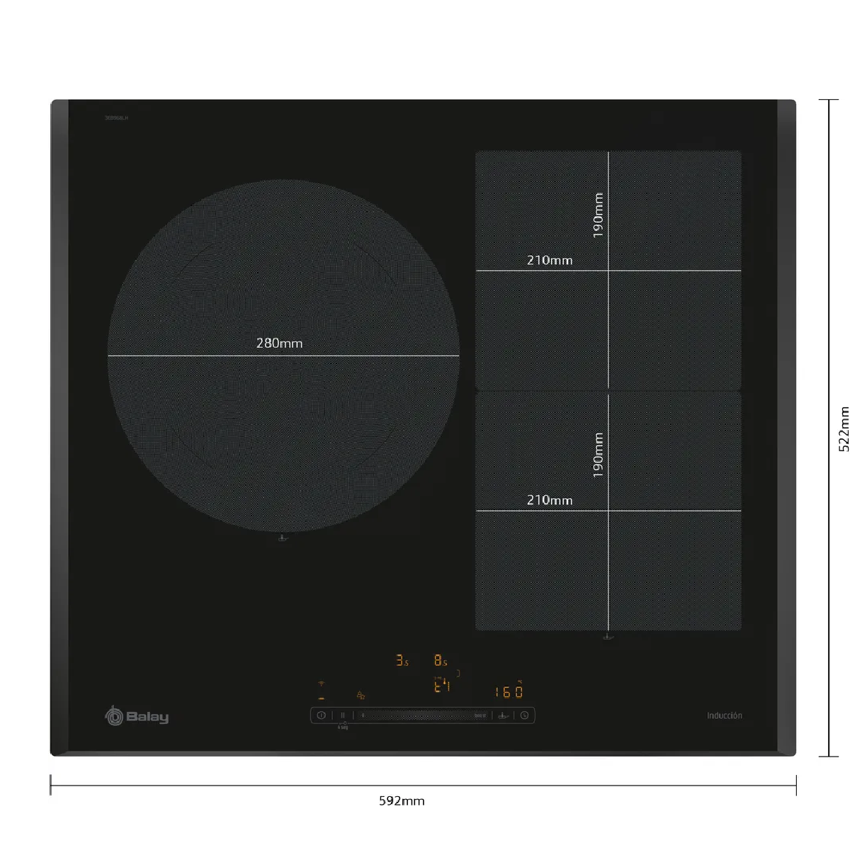 Placa de inducción negra con una zona grande de 280 mm y dos zonas más pequeñas de 210 mm.