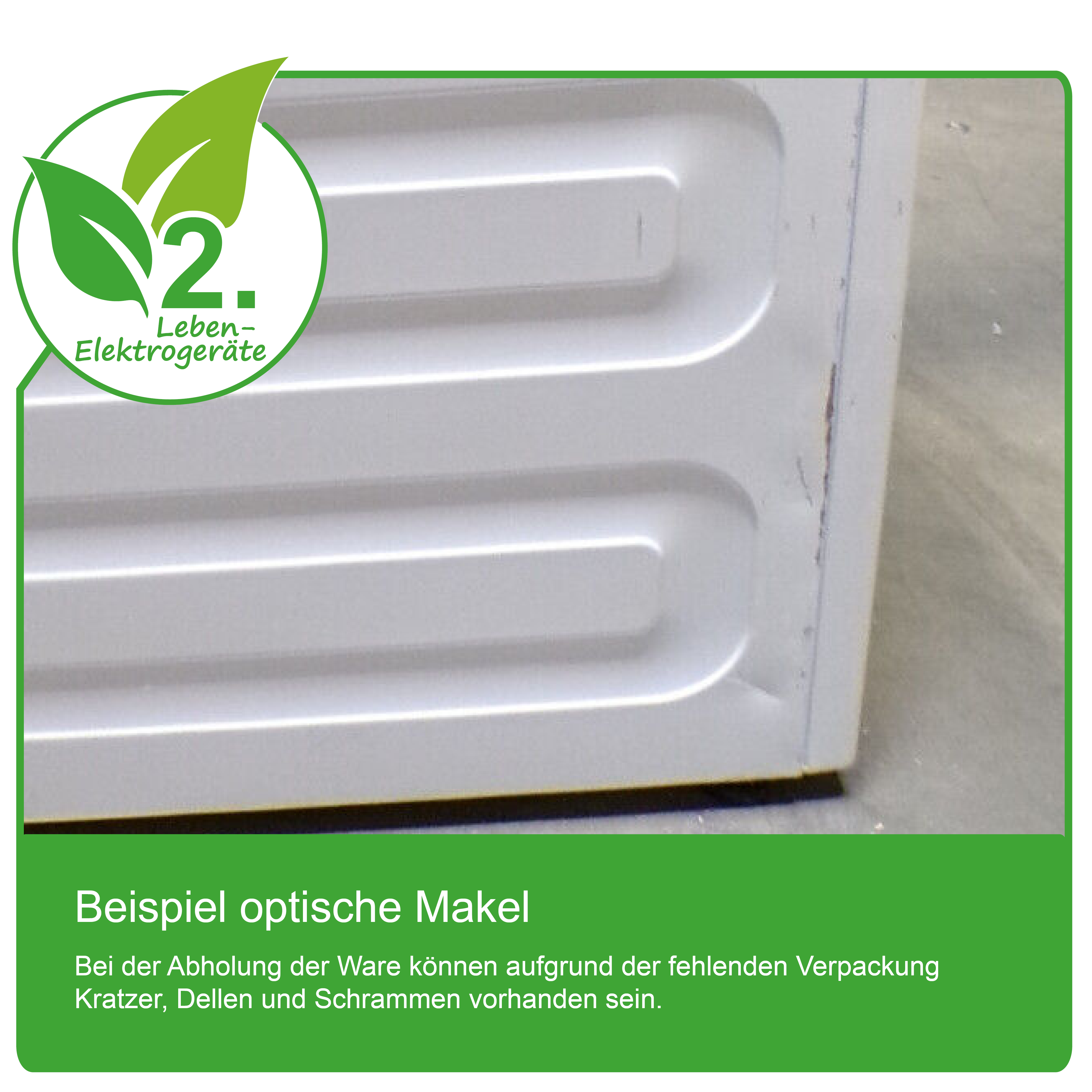 Nahaufnahme einer weißen Oberfläche mit Kratzern und Dellen, Logo mit Blättern.