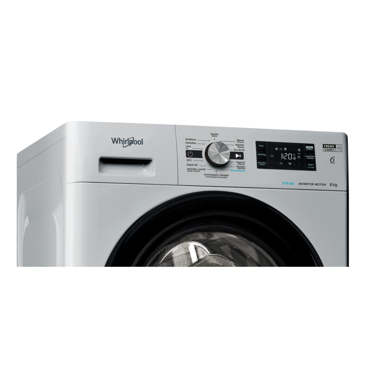 Eine weiße Whirlpool-Waschmaschine mit digitalem Display und Bedienknopf.