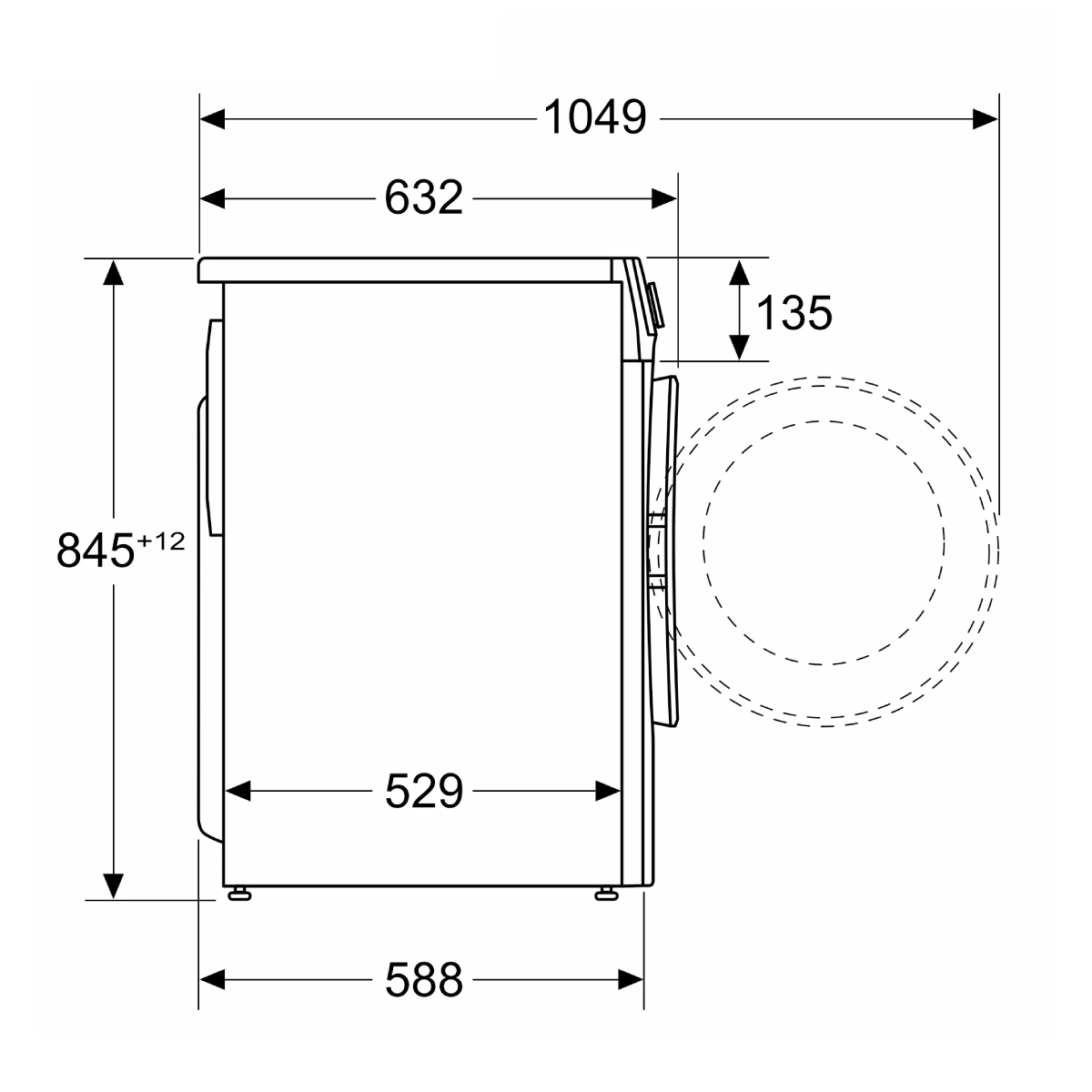 Dibujo técnico de una lavadora con dimensiones.