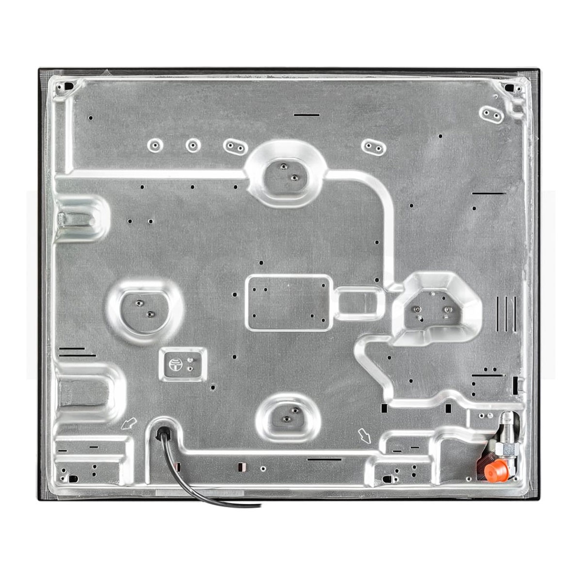 Parte inferior de una placa de cocina con estructura metálica, cable y conector naranja.