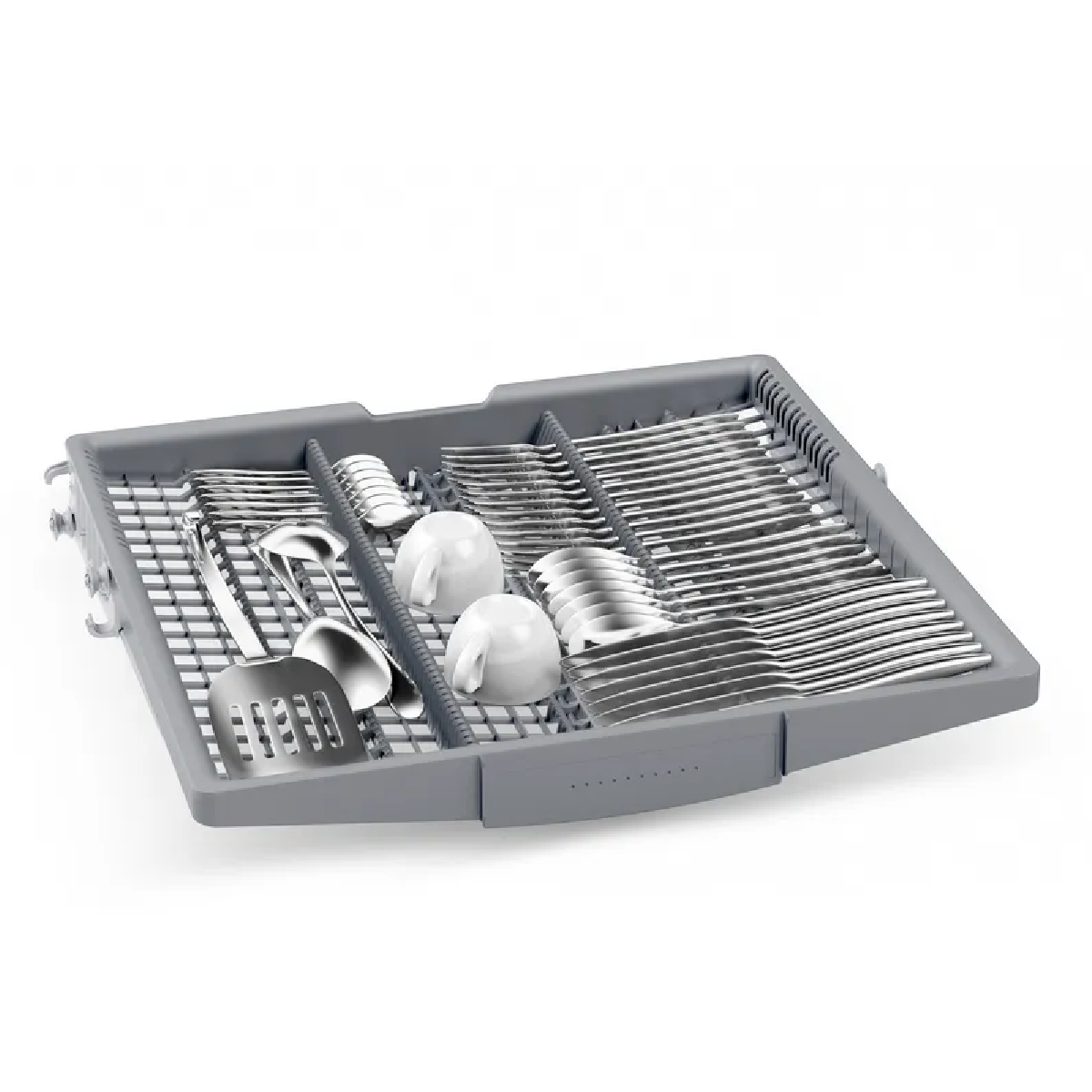 Cesta de lavavajillas con cubiertos, dos tazas y una espátula, bien organizada.