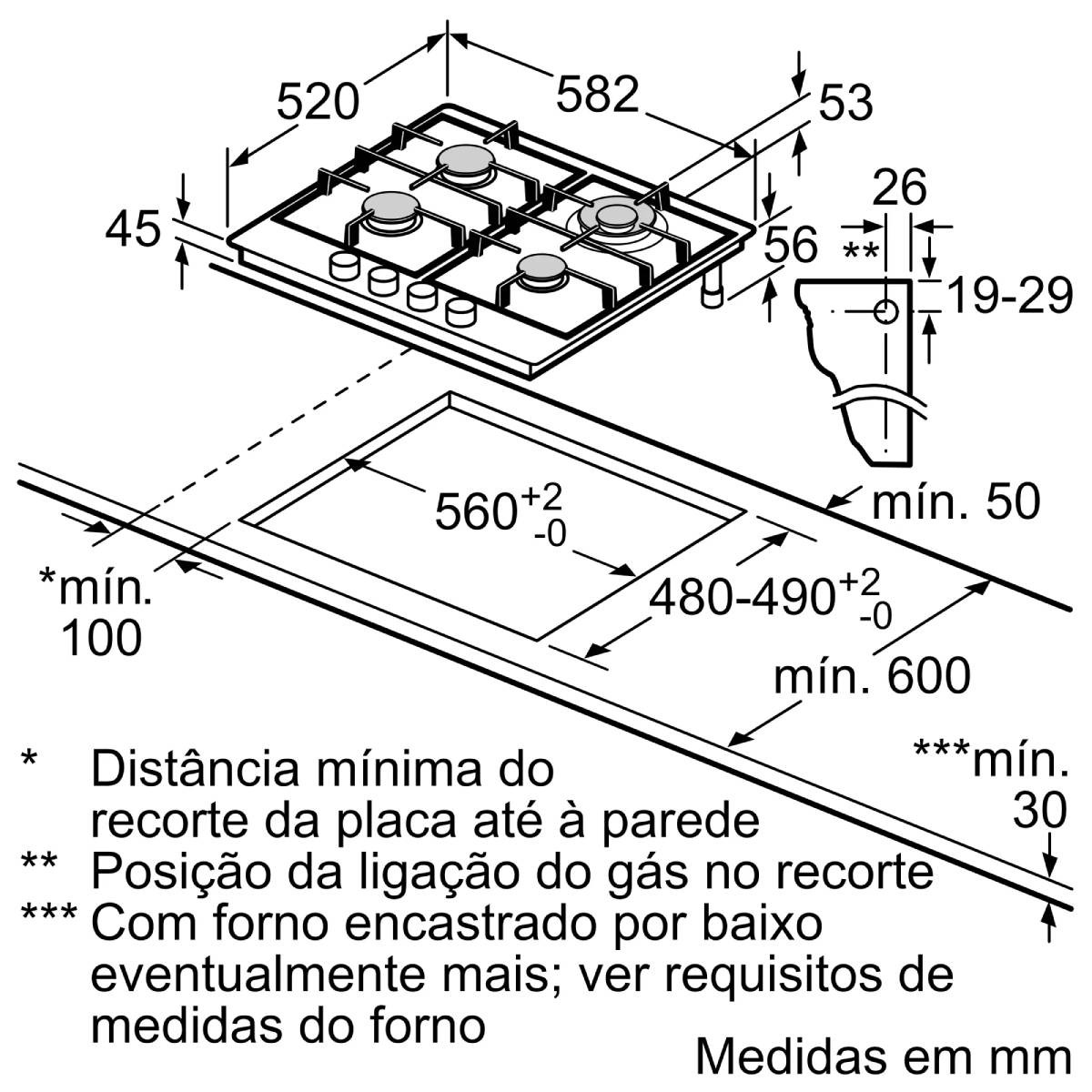 Disegno tecnico di un piano cottura a gas con dimensioni e dettagli installazione.
