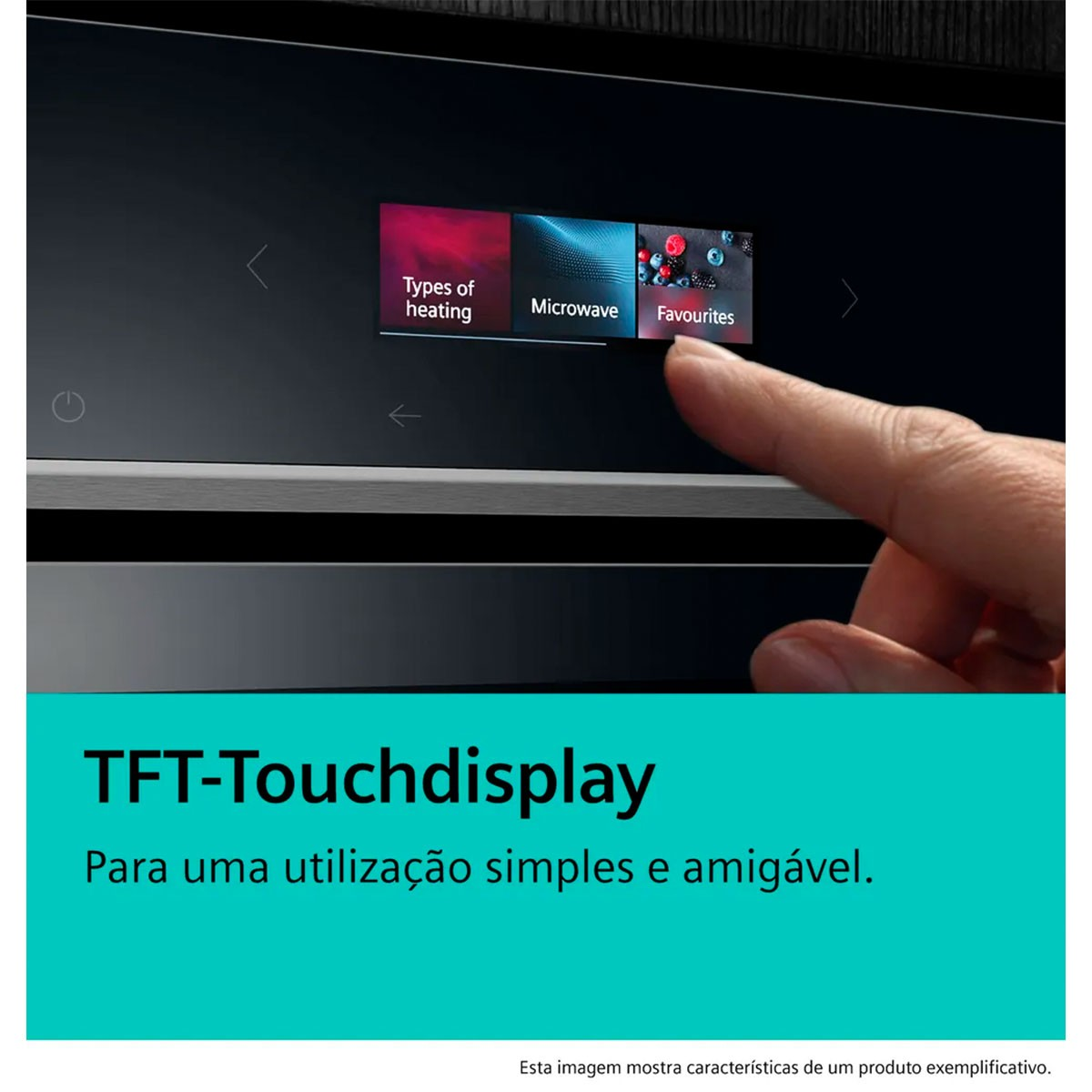 Een vinger tikt de 'Favourites'-optie aan op het TFT-touchscreen van een oven.