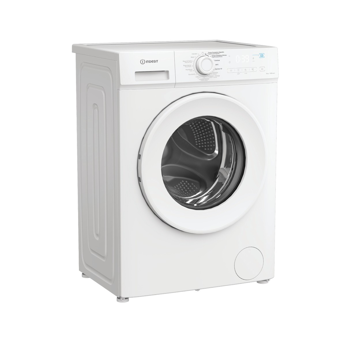 Una lavadora blanca con puerta redonda y panel de control arriba.