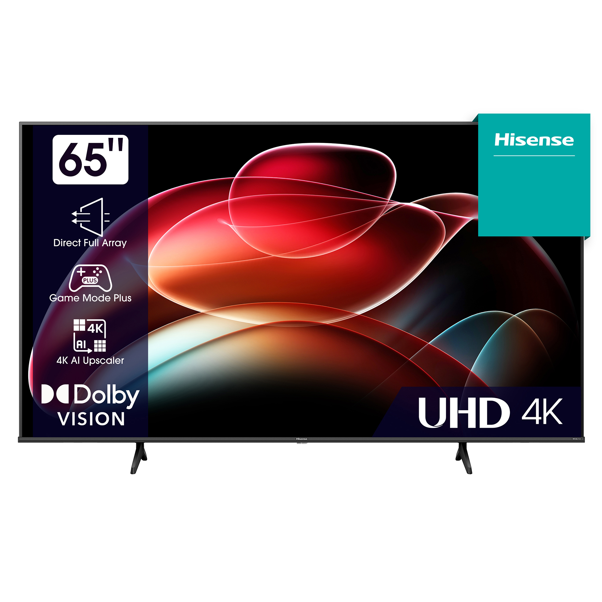 Ein 65-Zoll Hisense TV mit UHD 4K, Dolby Vision, Game Mode Plus und 4K AI Upscaler.