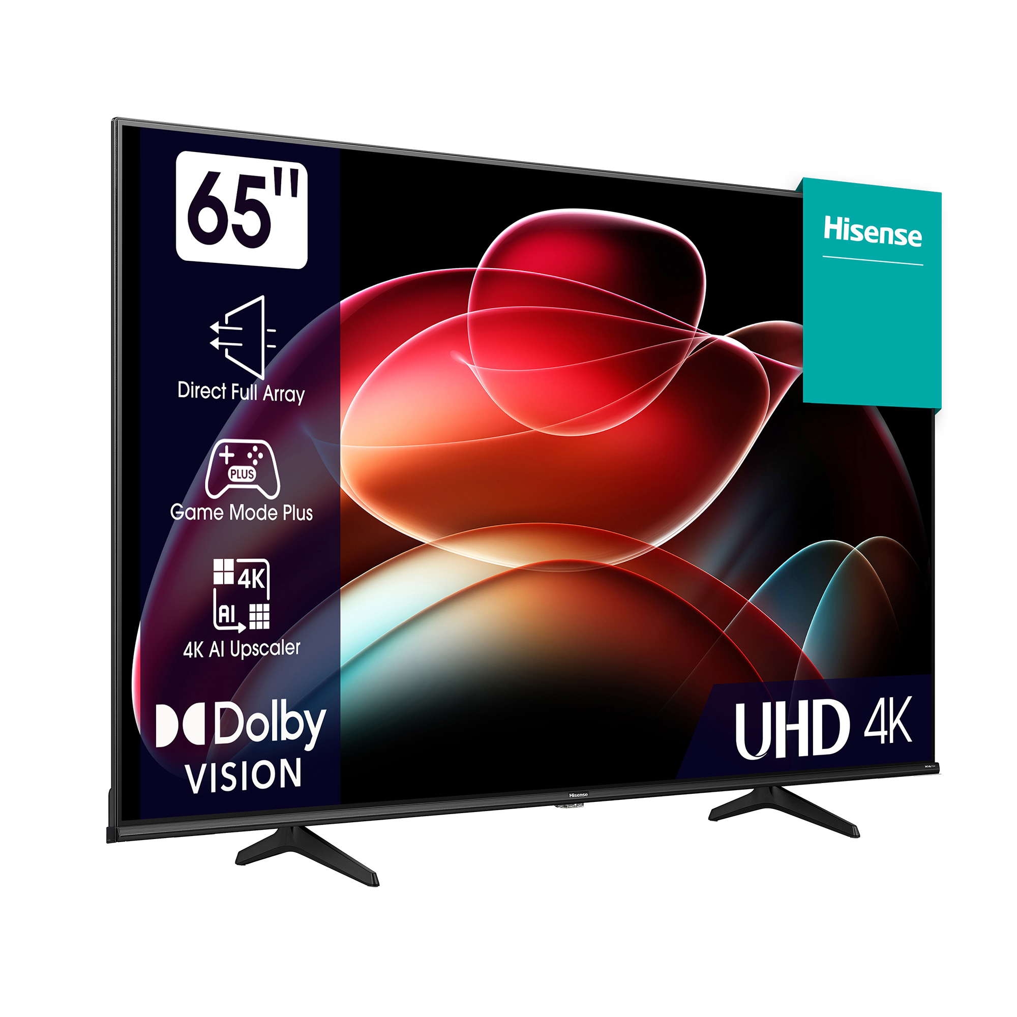 Ein 65-Zoll-Hisense-UHD-4K-Fernseher mit Dolby Vision und Spielmodus.