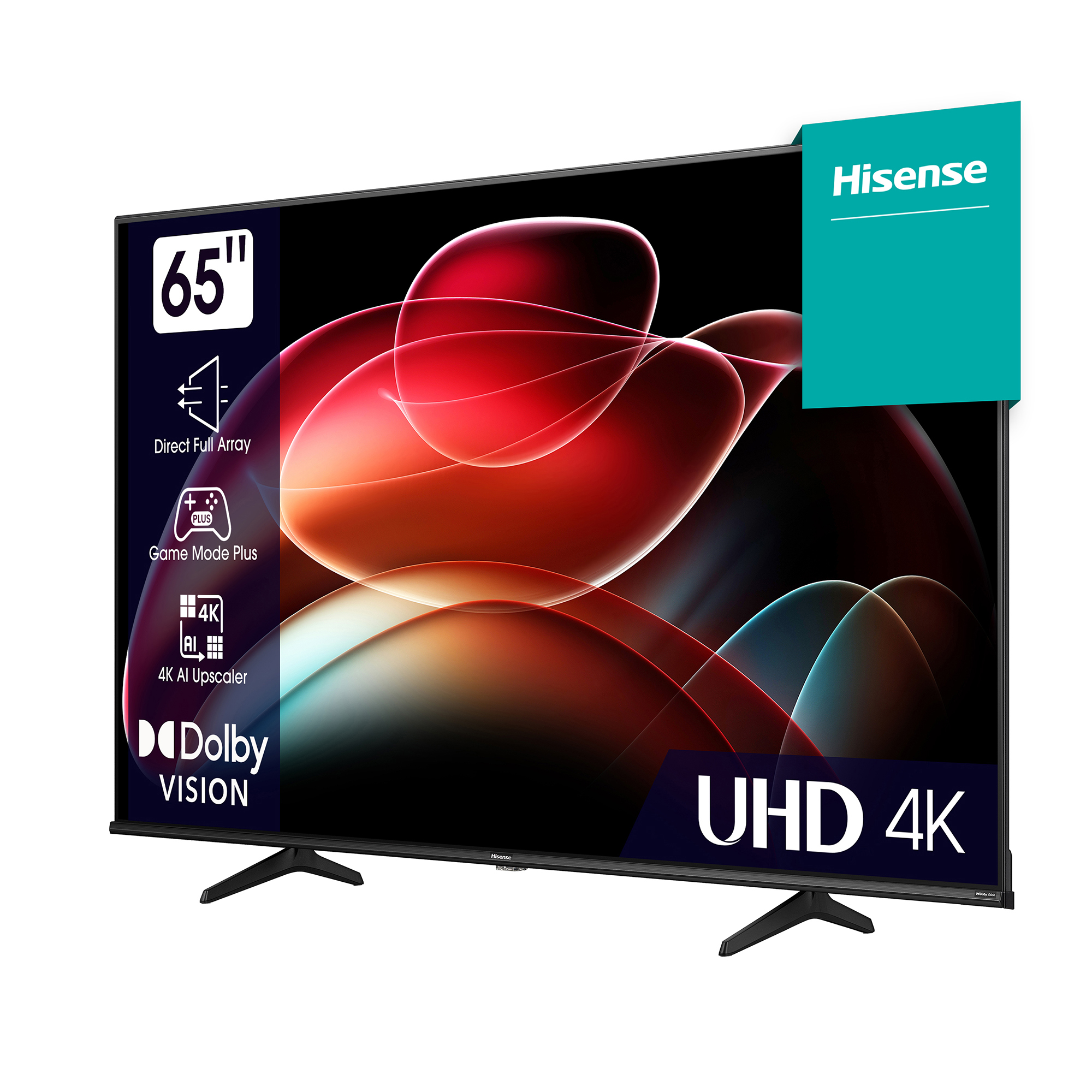 Ein 65-Zoll-Hisense-Fernseher mit 4K-UHD-Auflösung, Direct Full Array und Dolby Vision.