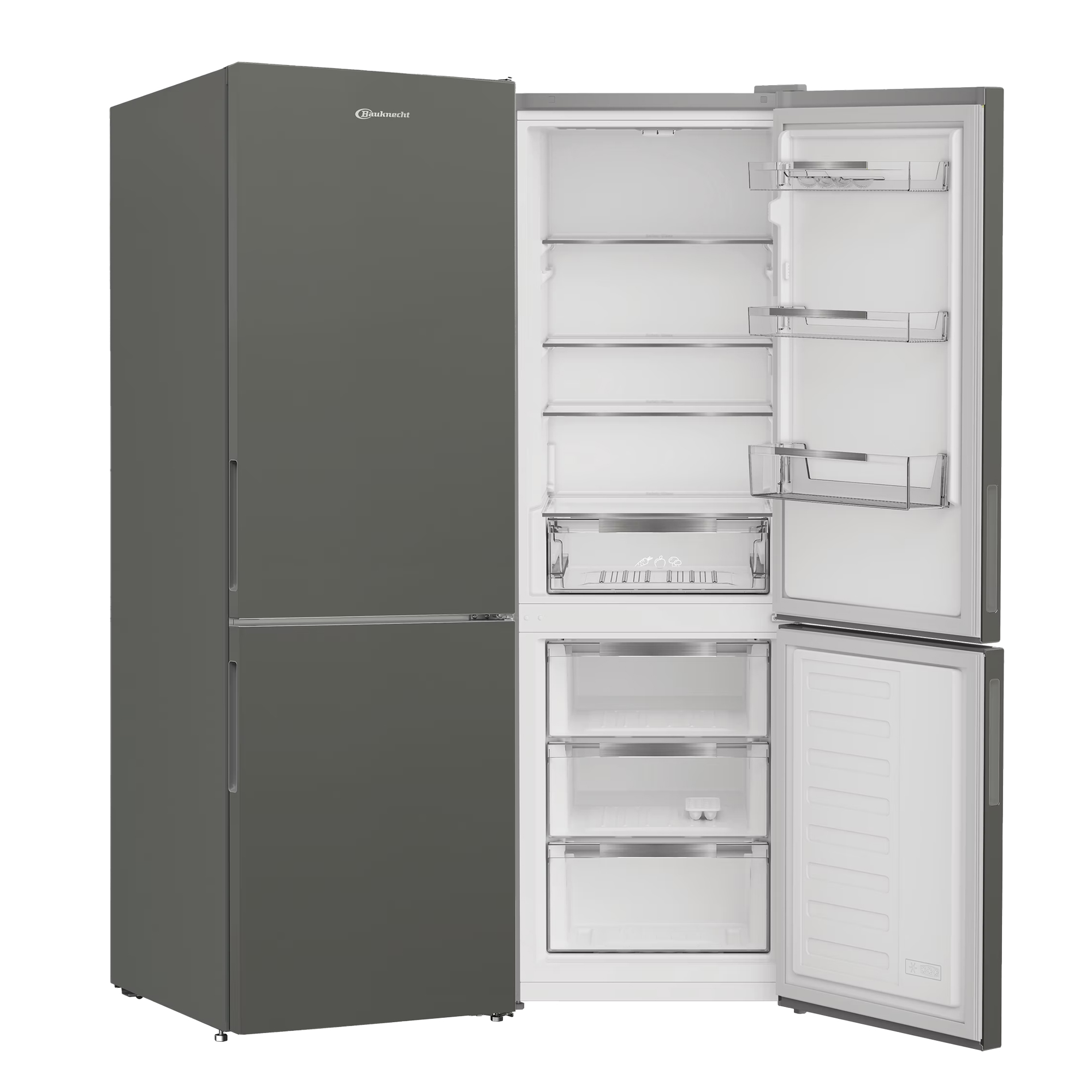 Ein offener grauer Kühlschrank mit Gefrierfach. Innen sind Regale und Schubladen zu sehen.