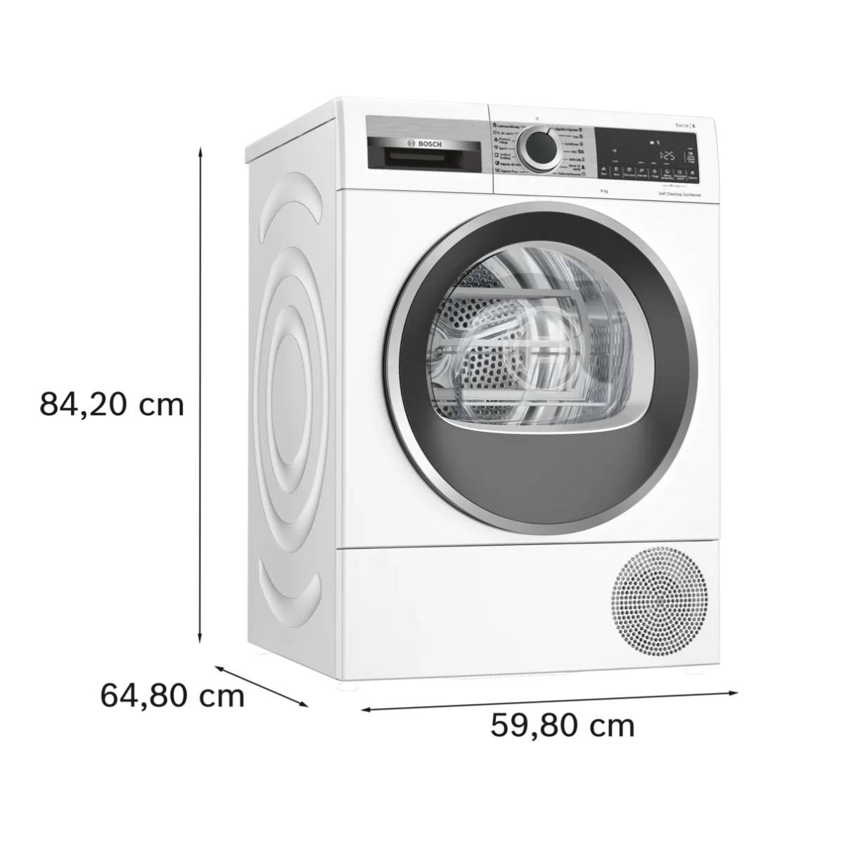 Secadora Bosch blanca con dimensiones 84,20 x 64,80 x 59,80 cm.