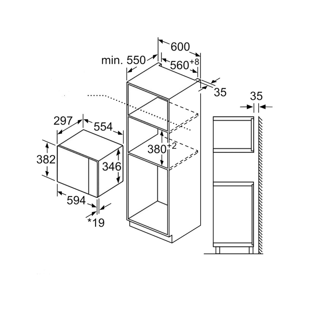 Dibujo técnico de un armario empotrado con dimensiones.