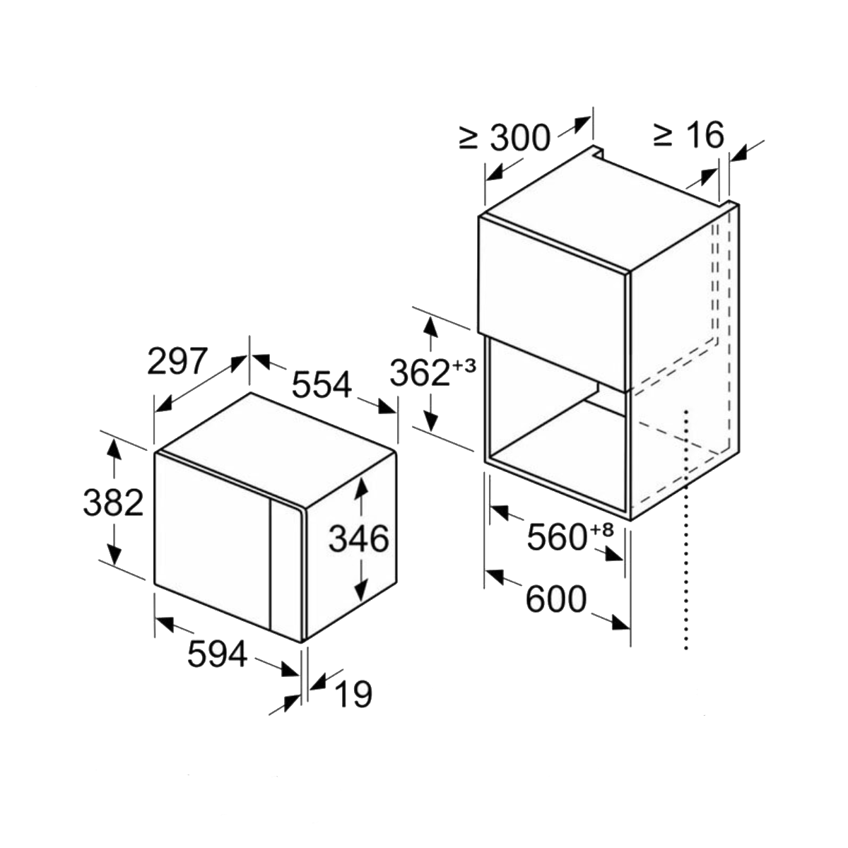 Dibujo técnico con dimensiones para dos unidades, una más pequeña, otra más grande.