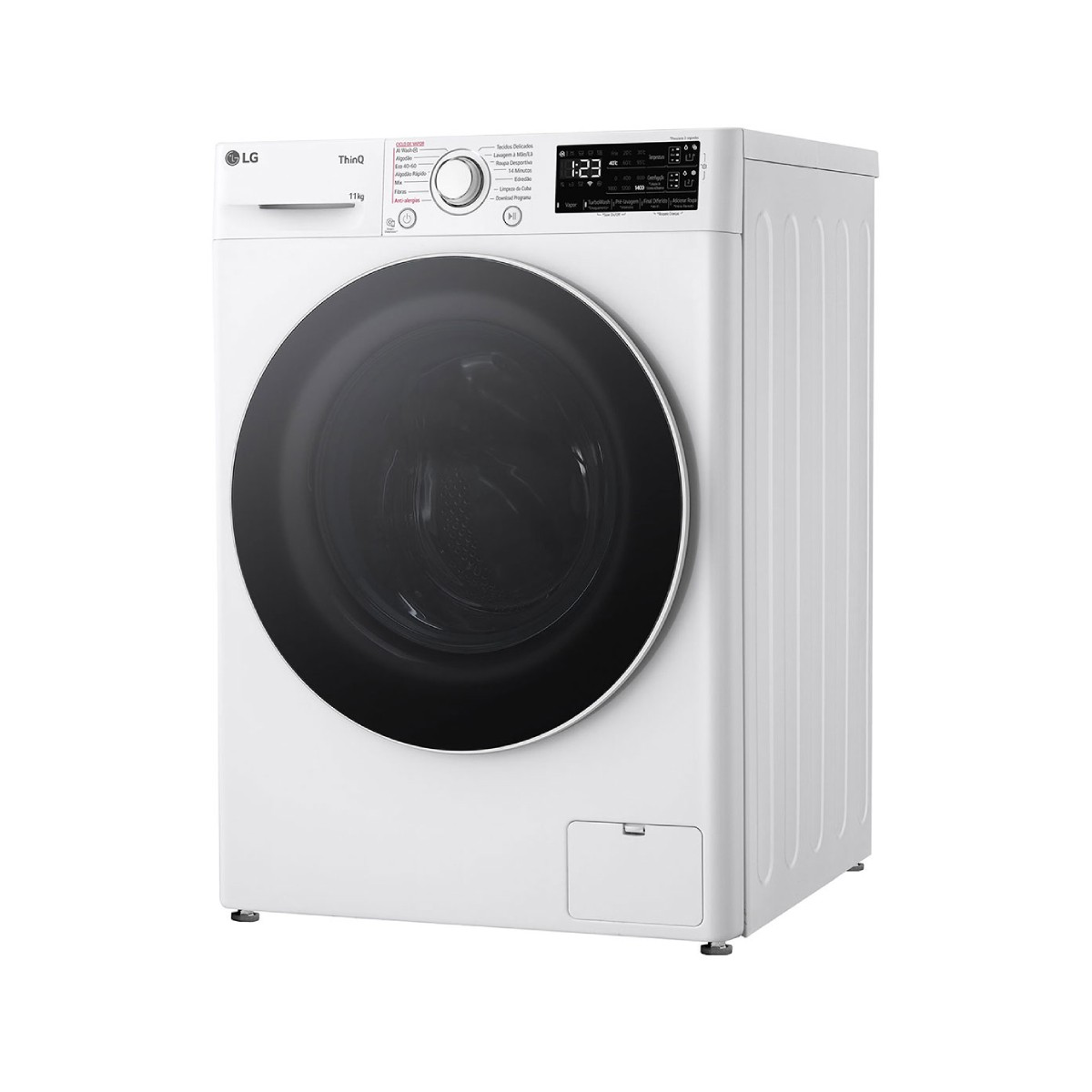 Lavadora LG blanca con puerta negra y panel de control.