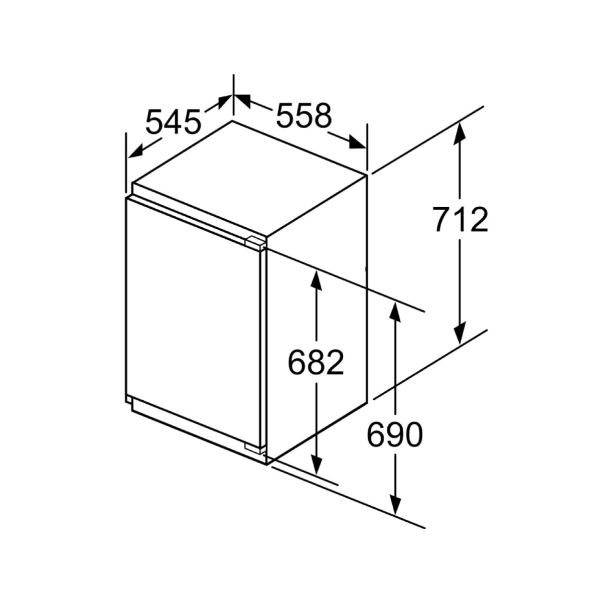 Rysunek techniczny lodówki o wymiarach 54,5x55,8x68,2/69/71,2 cm.