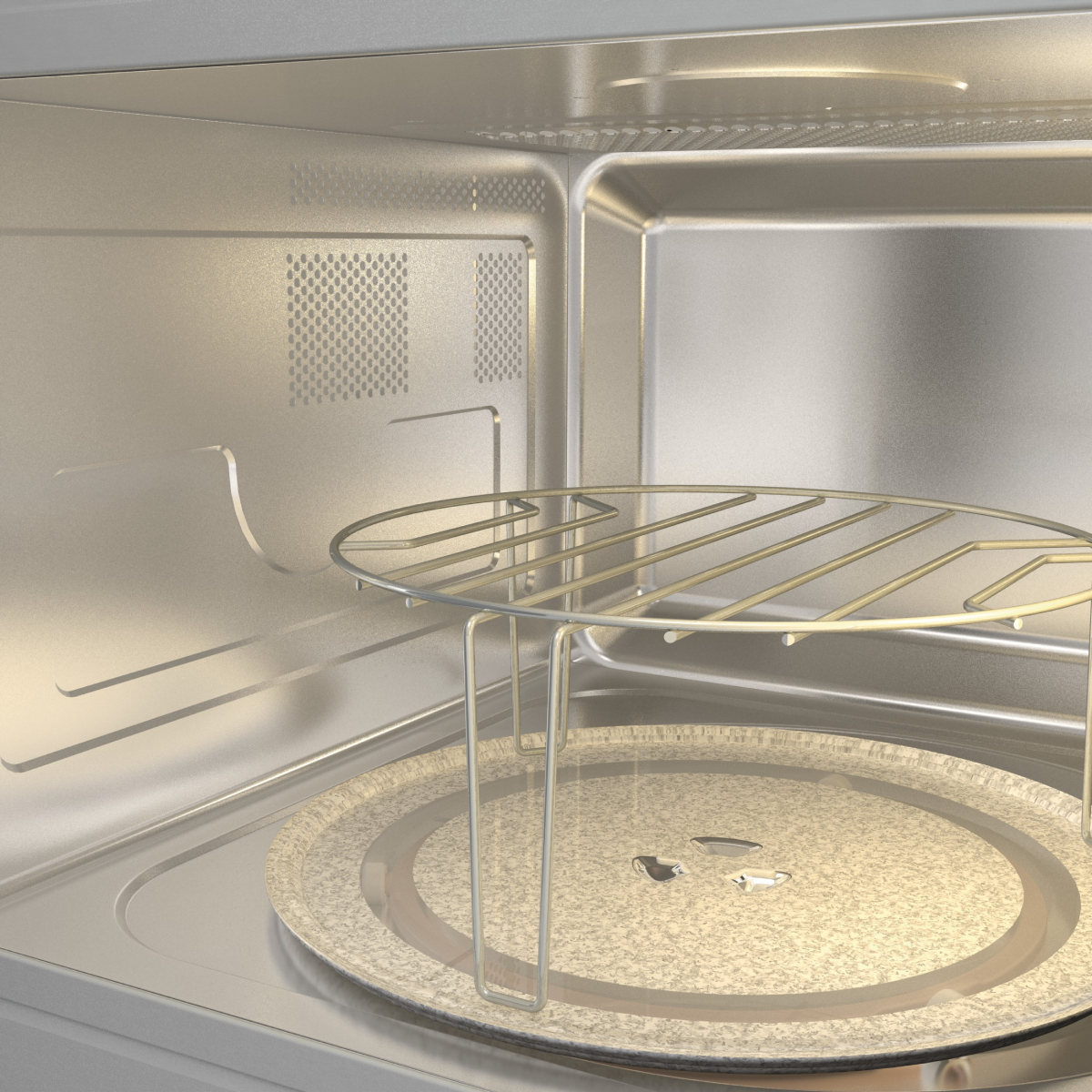 Een metalen grillrek staat op de draaitafel in een magnetron.