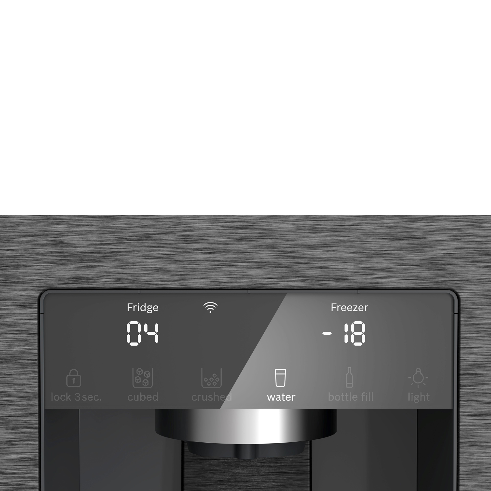 Kühlschrankanzeige mit 4°C und Gefrierschrank mit -18°C, Eiswürfel, zerstoßen, Wasser, Flaschenfüllung, Licht