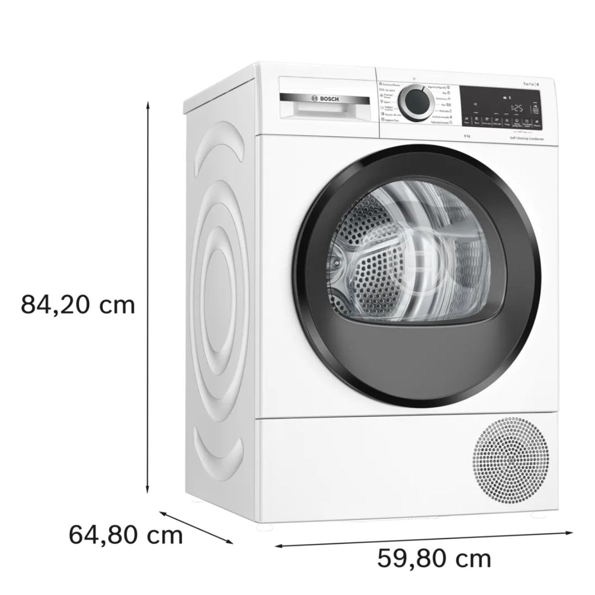 Biała suszarka Bosch z czarnymi drzwiami i cyfrowym wyświetlaczem. Wymiary: 84,20 cm.