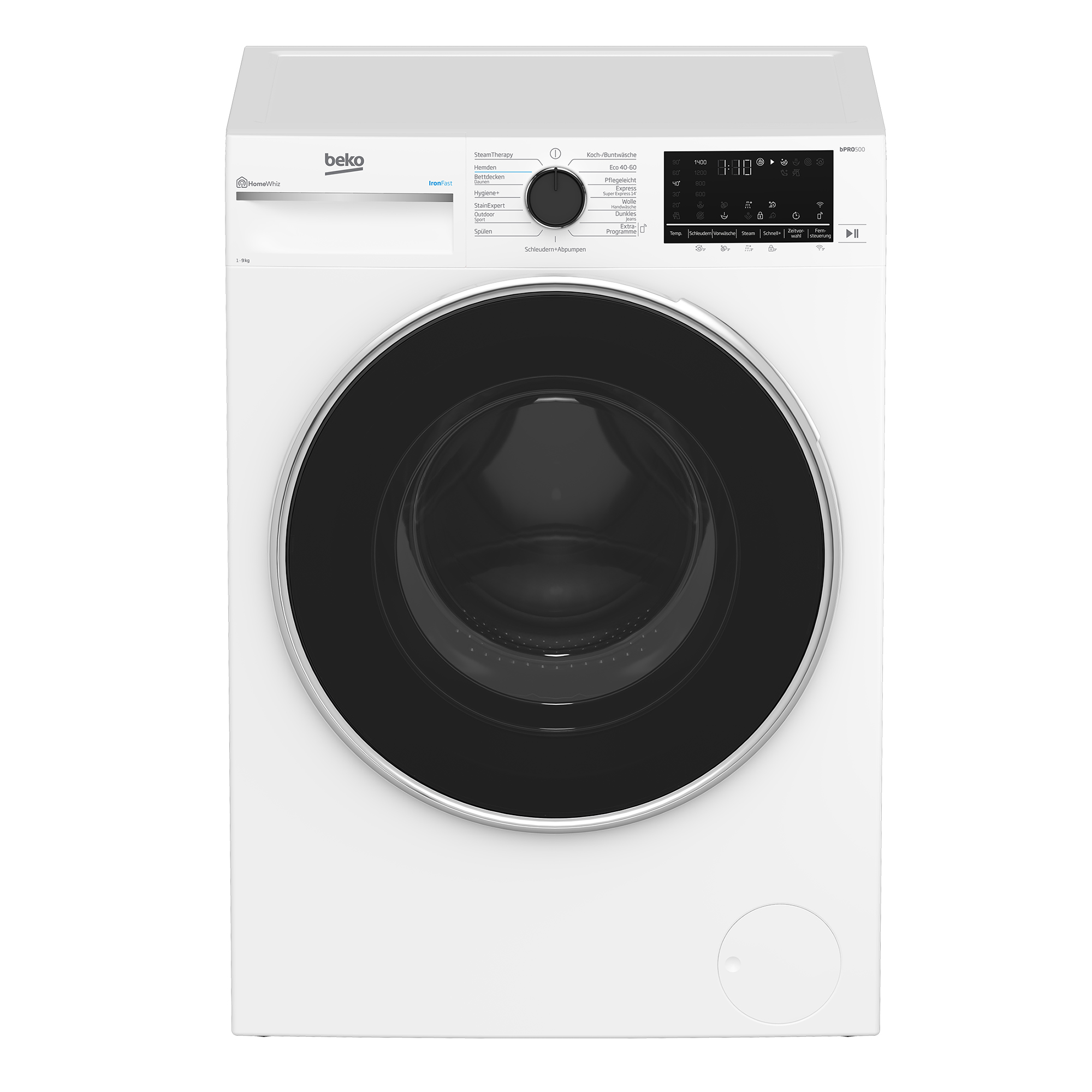 Eine weiße Beko Waschmaschine mit schwarzer Tür und Bedienfeld.