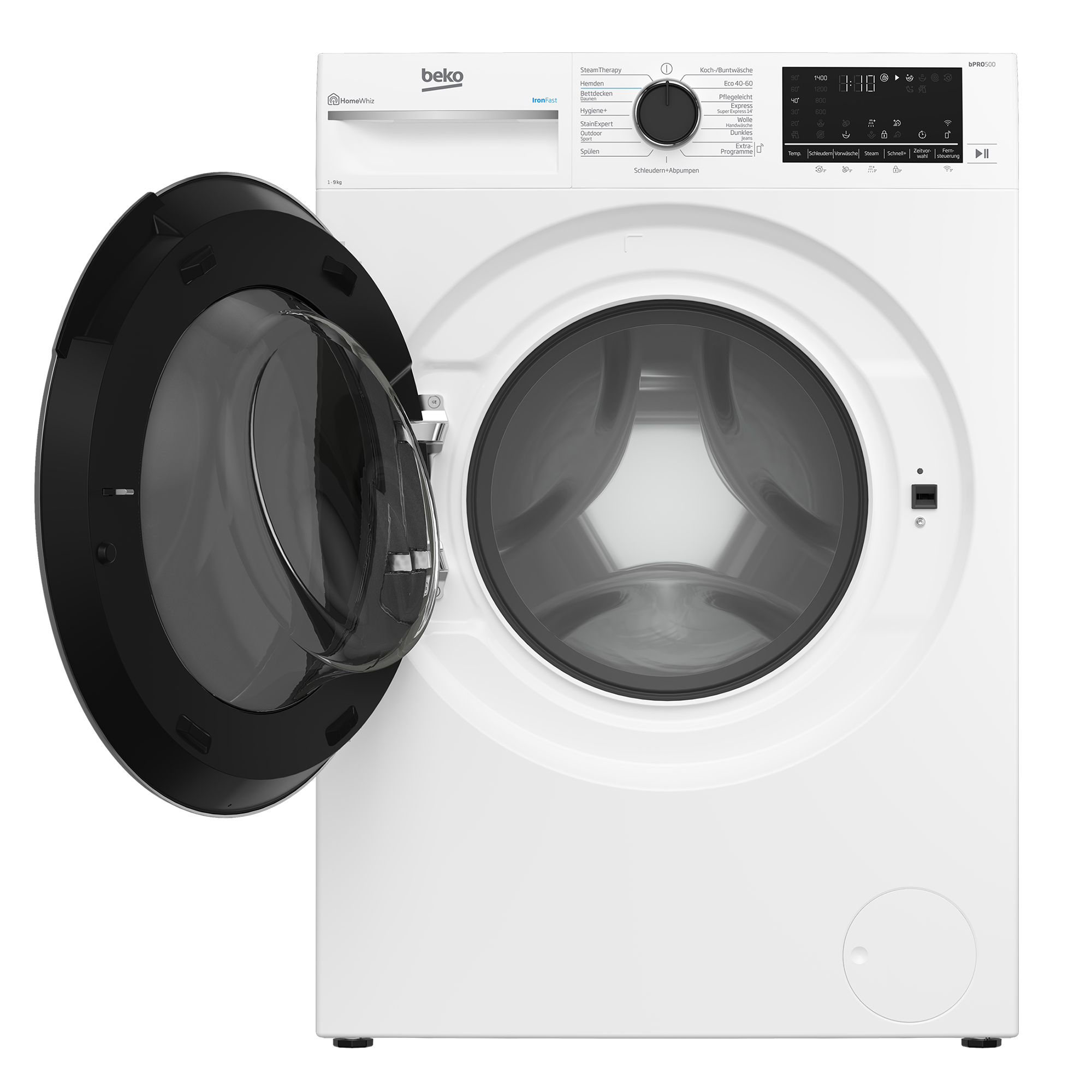 Weiße Beko Waschmaschine mit geöffneter schwarzer Tür und Bedienfeld.