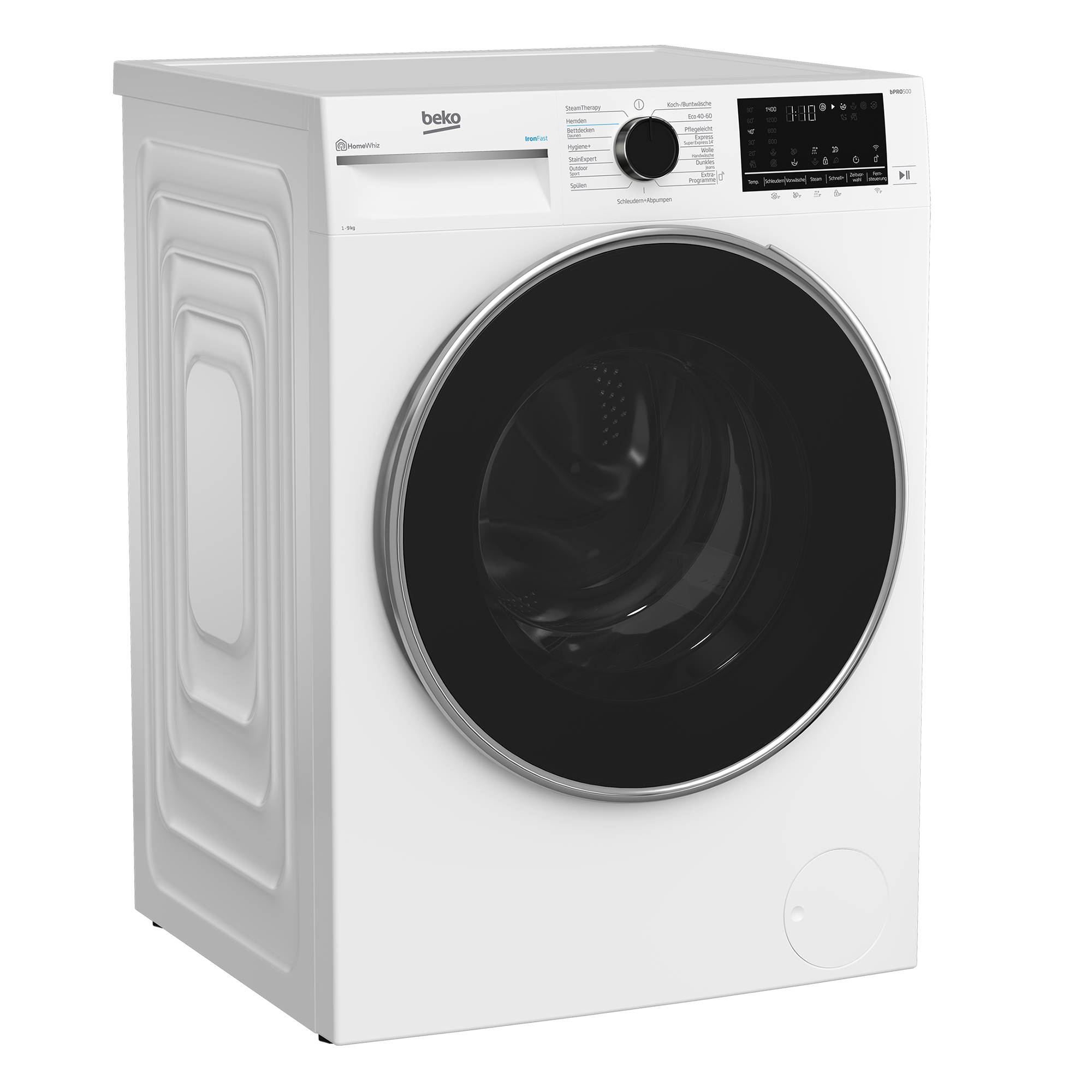 Weiße Beko Waschmaschine mit schwarzer Tür und digitalem Bedienfeld.