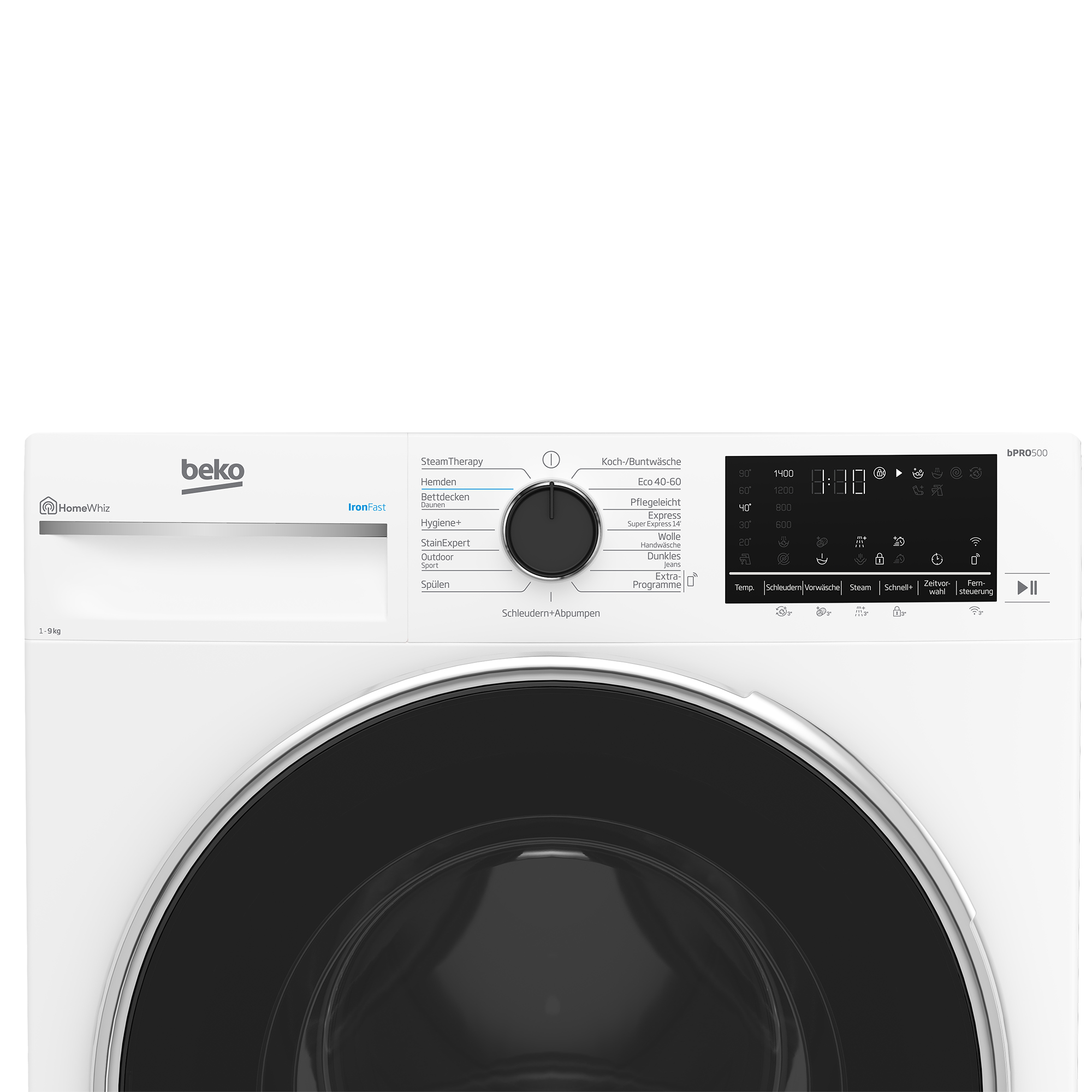 Weiße Beko Waschmaschine mit digitalem Display, Drehknopf und Waschprogrammen.