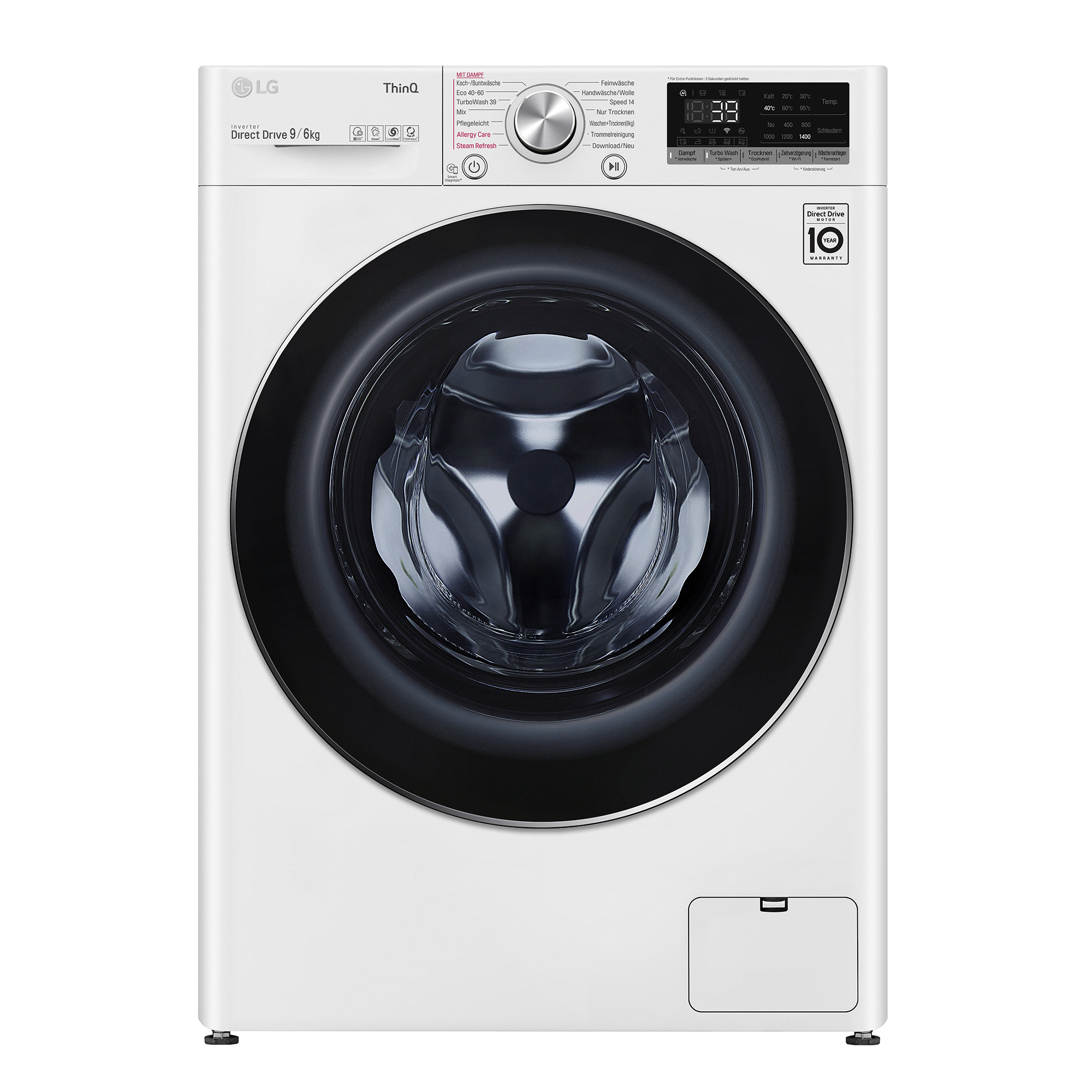 Weiße LG Waschmaschine mit Touchscreen-Bedienfeld und großer runder Tür.