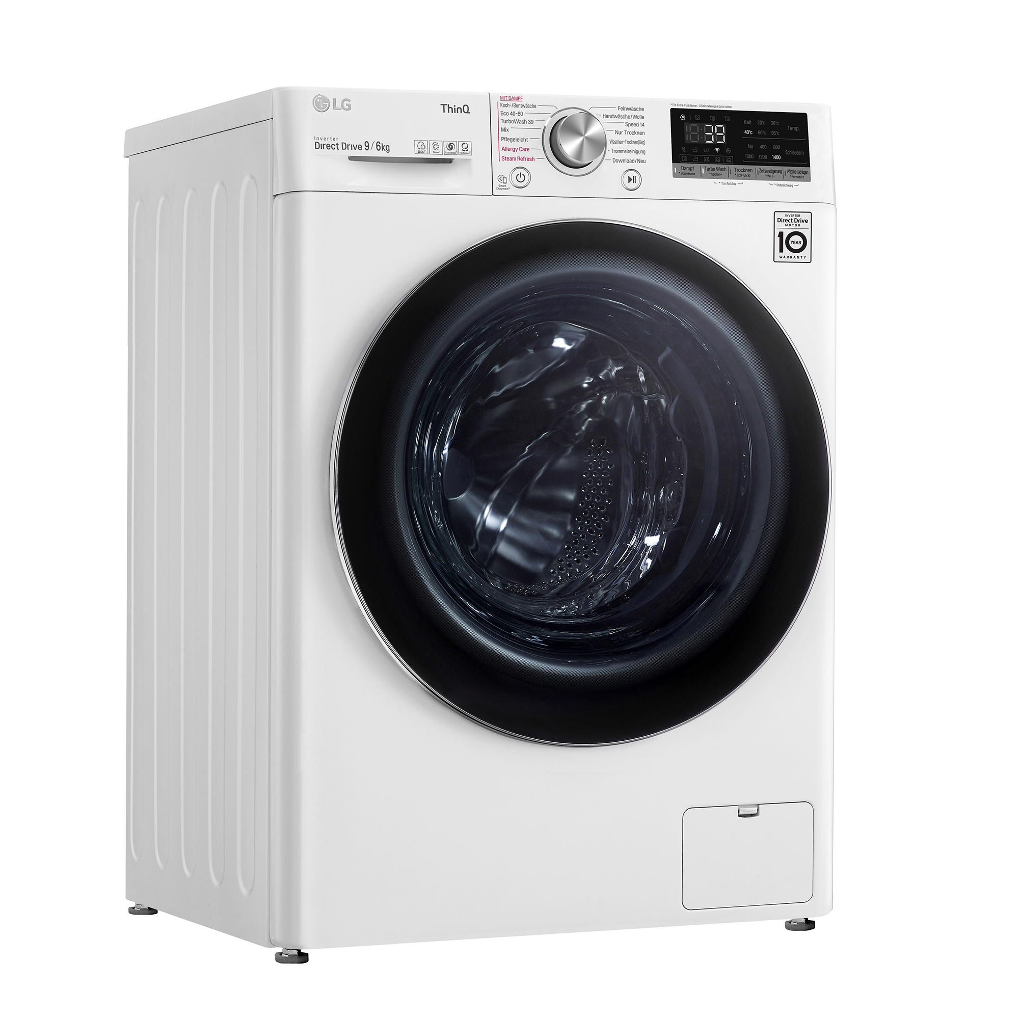 Eine weiße LG Waschmaschine mit Bedienfeld und Tür aus Glas.