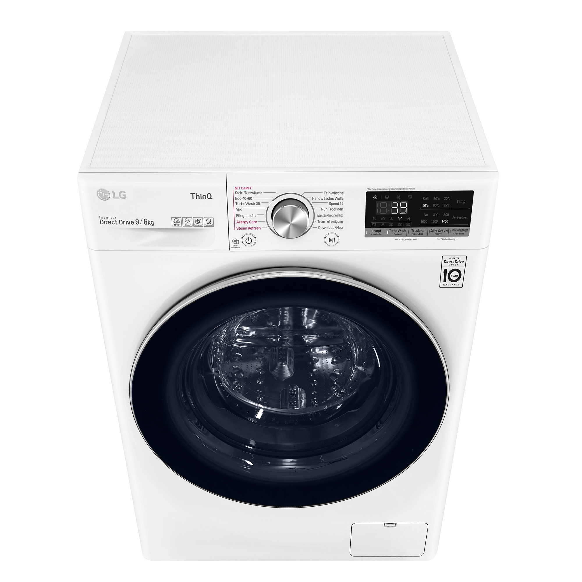 Eine weiße LG Waschmaschine mit ThinQ Technologie, Direct Drive Motor und 10 Jahre Garantie.