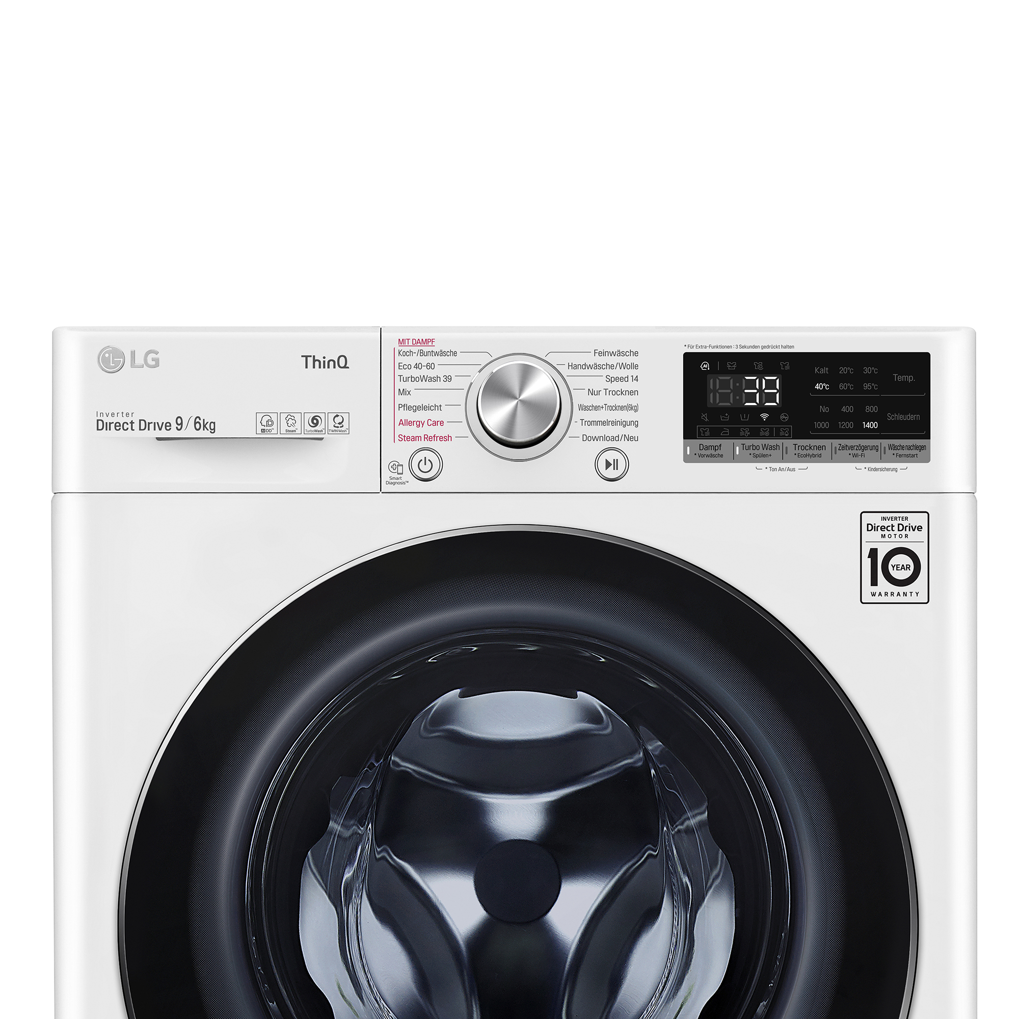 Weiße LG Waschmaschine mit Bedienfeld und Trommel. 10 Jahre Garantie.