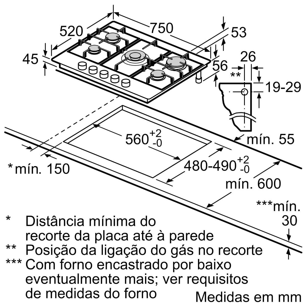 Disegno tecnico di un piano cottura a gas con dimensioni e note.