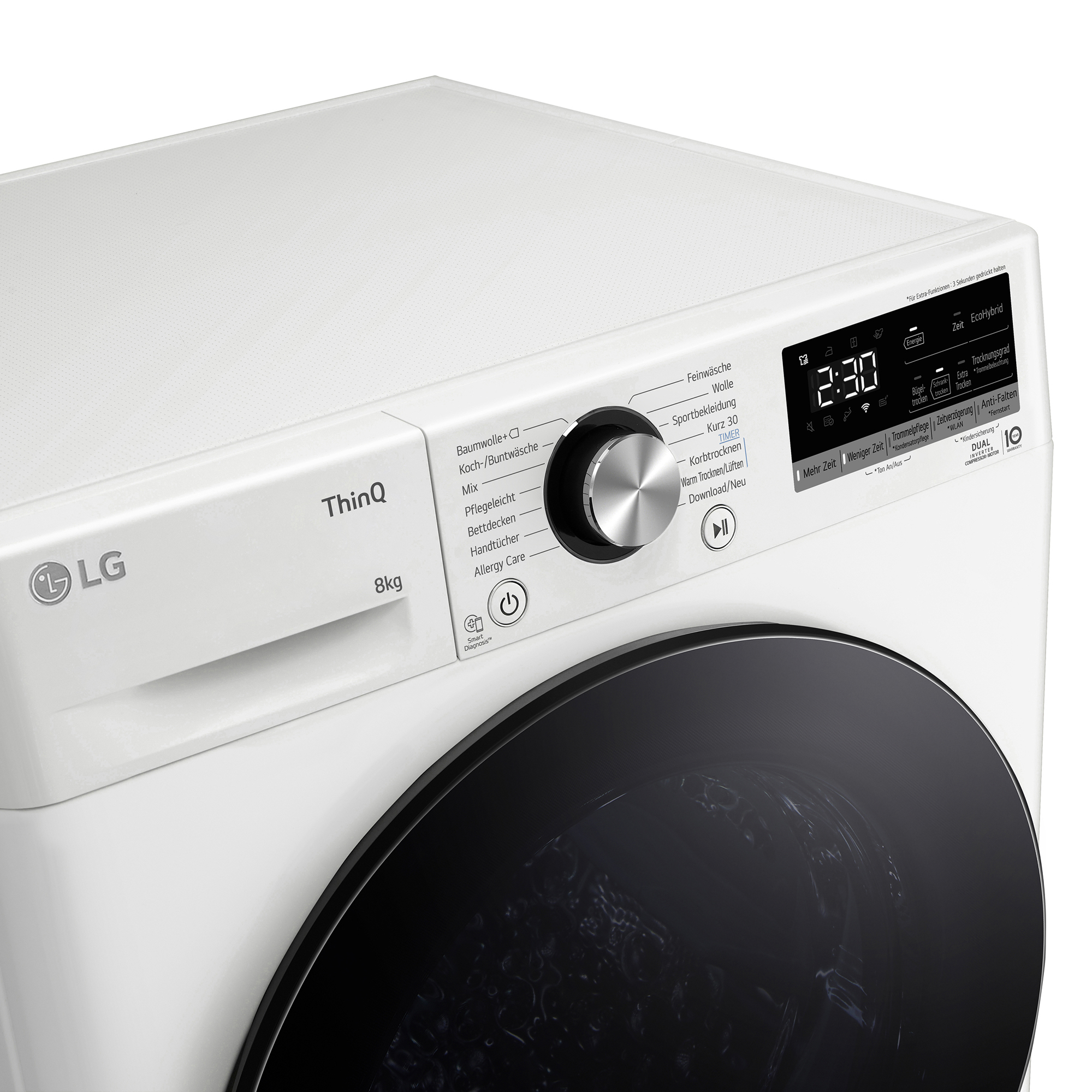 Machine à laver LG blanche avec écran numérique et sélecteur de programme.