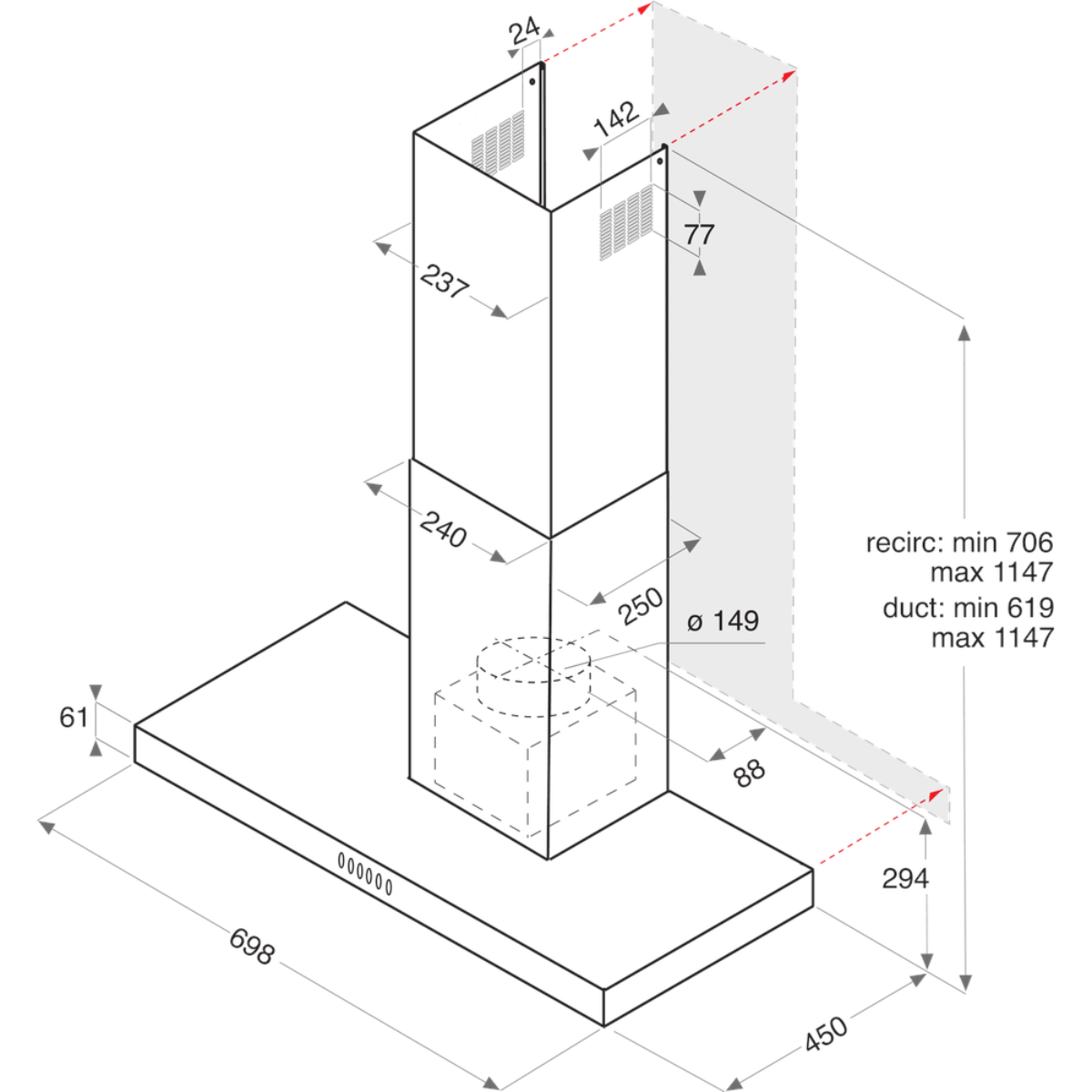 Vista isometrica di una cappa da cucina con dimensioni. Base 698x450. Altezza varia.