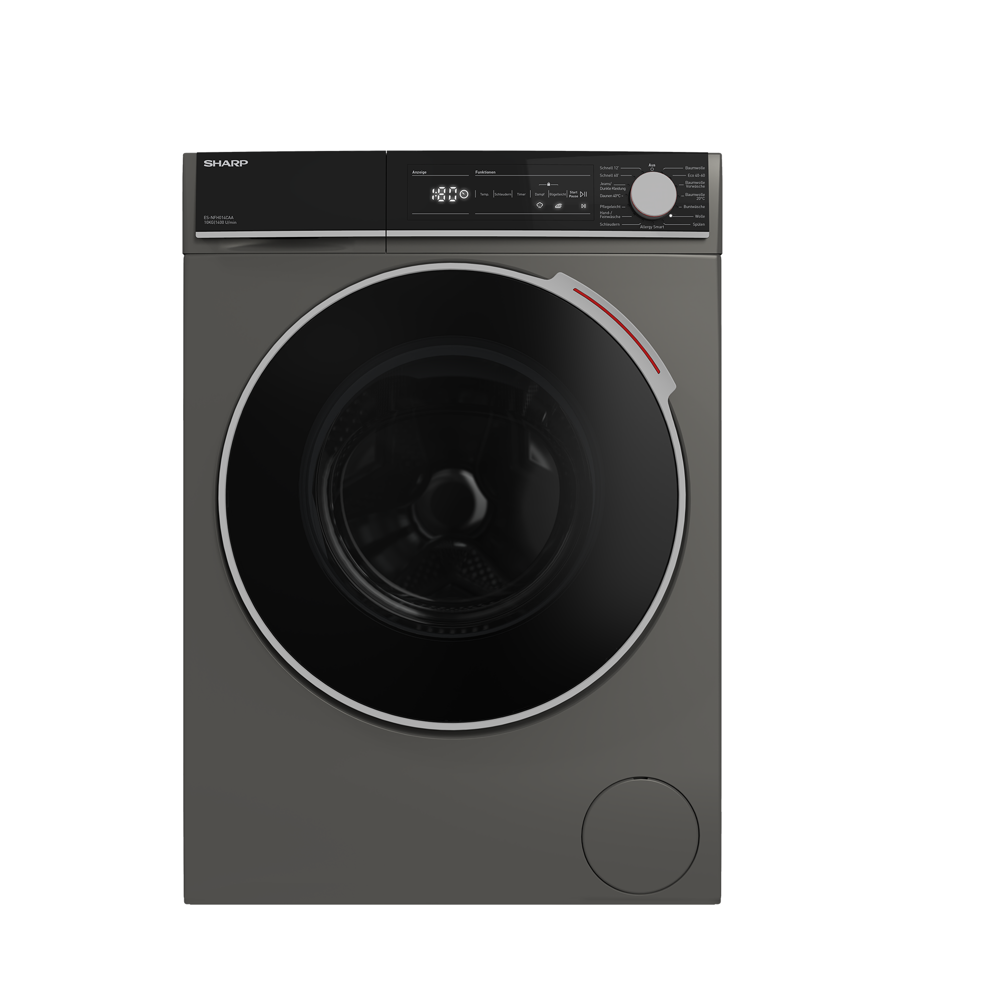 Une machine à laver Sharp grise avec écran numérique et hublot rond.