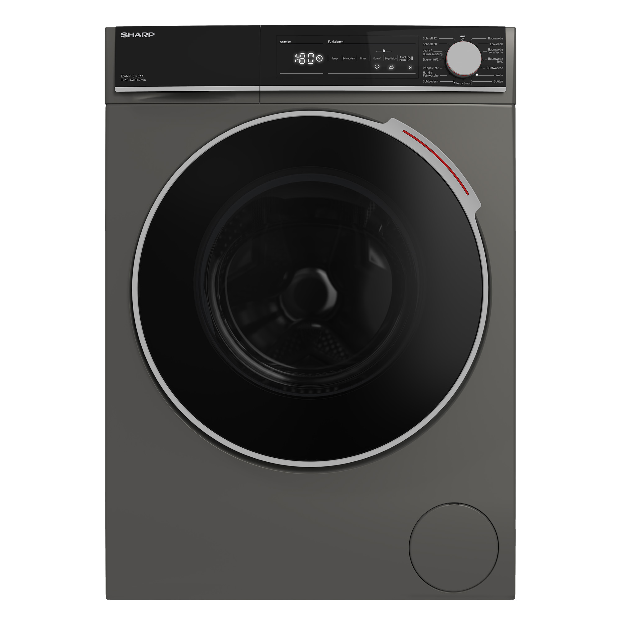 Lave-linge Sharp gris avec porte noire et panneau de commande numérique.