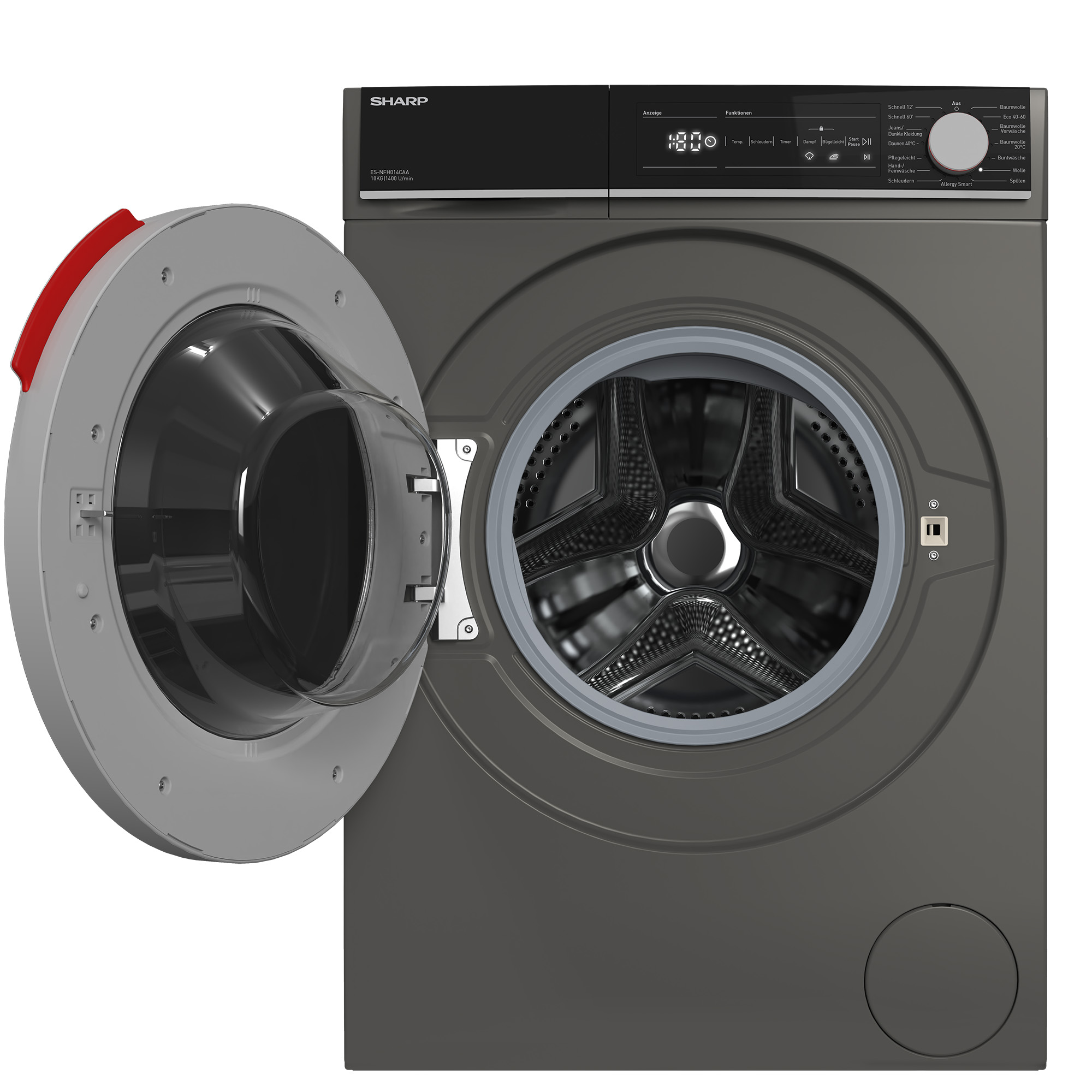 Une machine à laver grise avec une porte ouverte montre le tambour. Le panneau de commande est noir avec des écrans numériques.