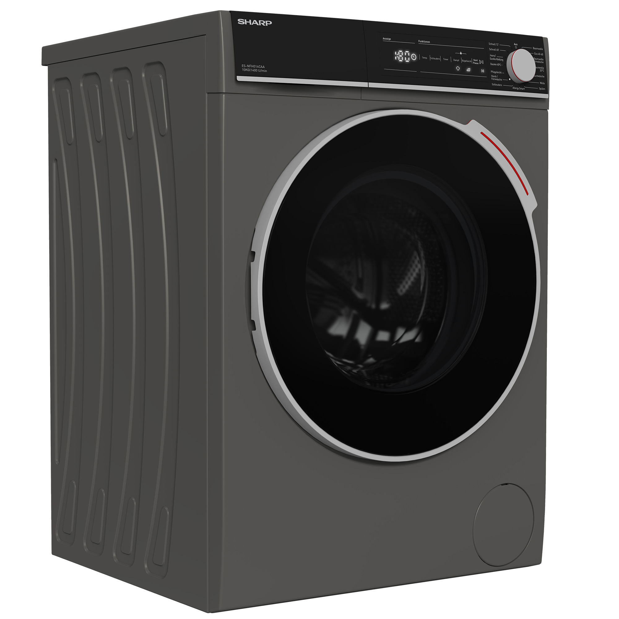 Lave-linge gris avec porte et panneau de commande noirs. Côtés rainurés.