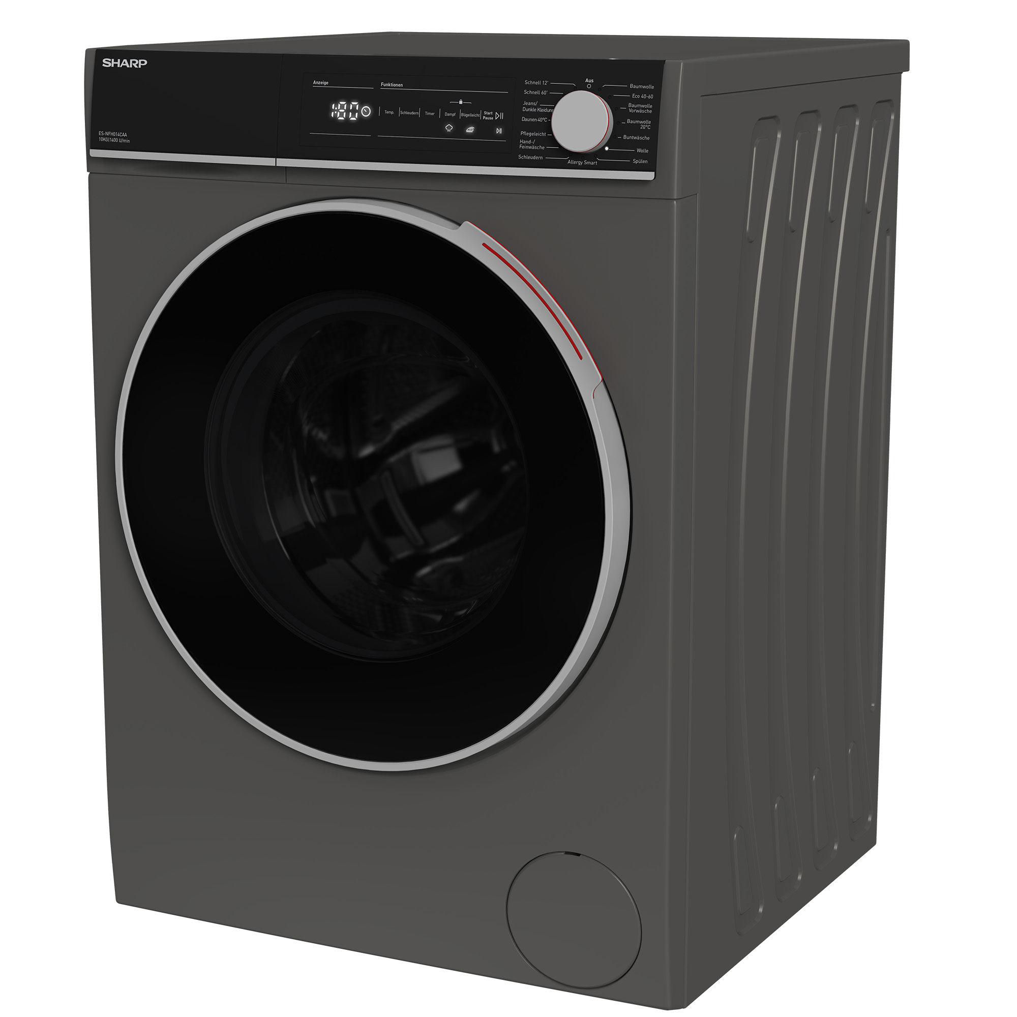 Lave-linge Sharp gris avec grand hublot noir et panneau de commande.