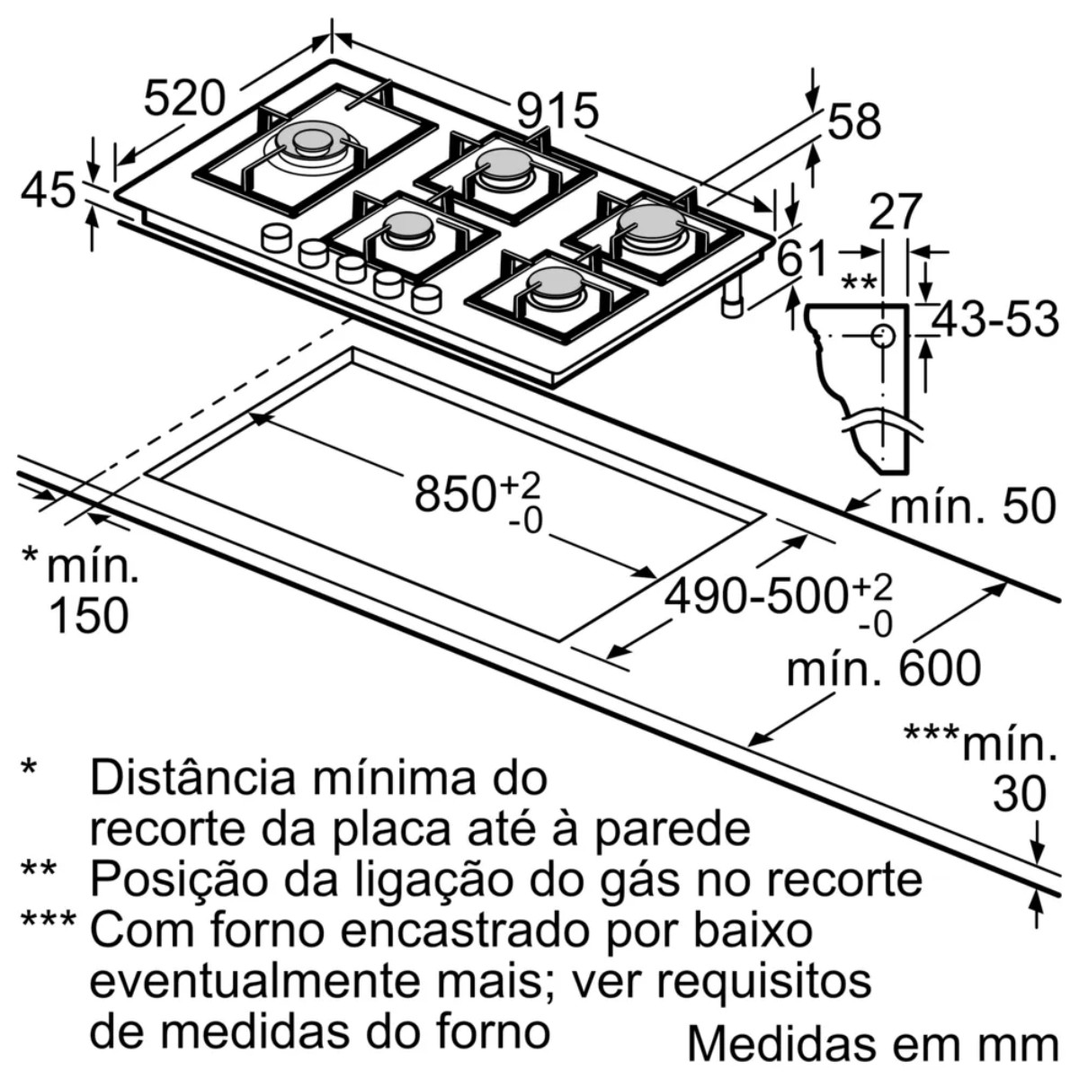 Dibujo técnico de una placa de gas con dimensiones de instalación y notas.