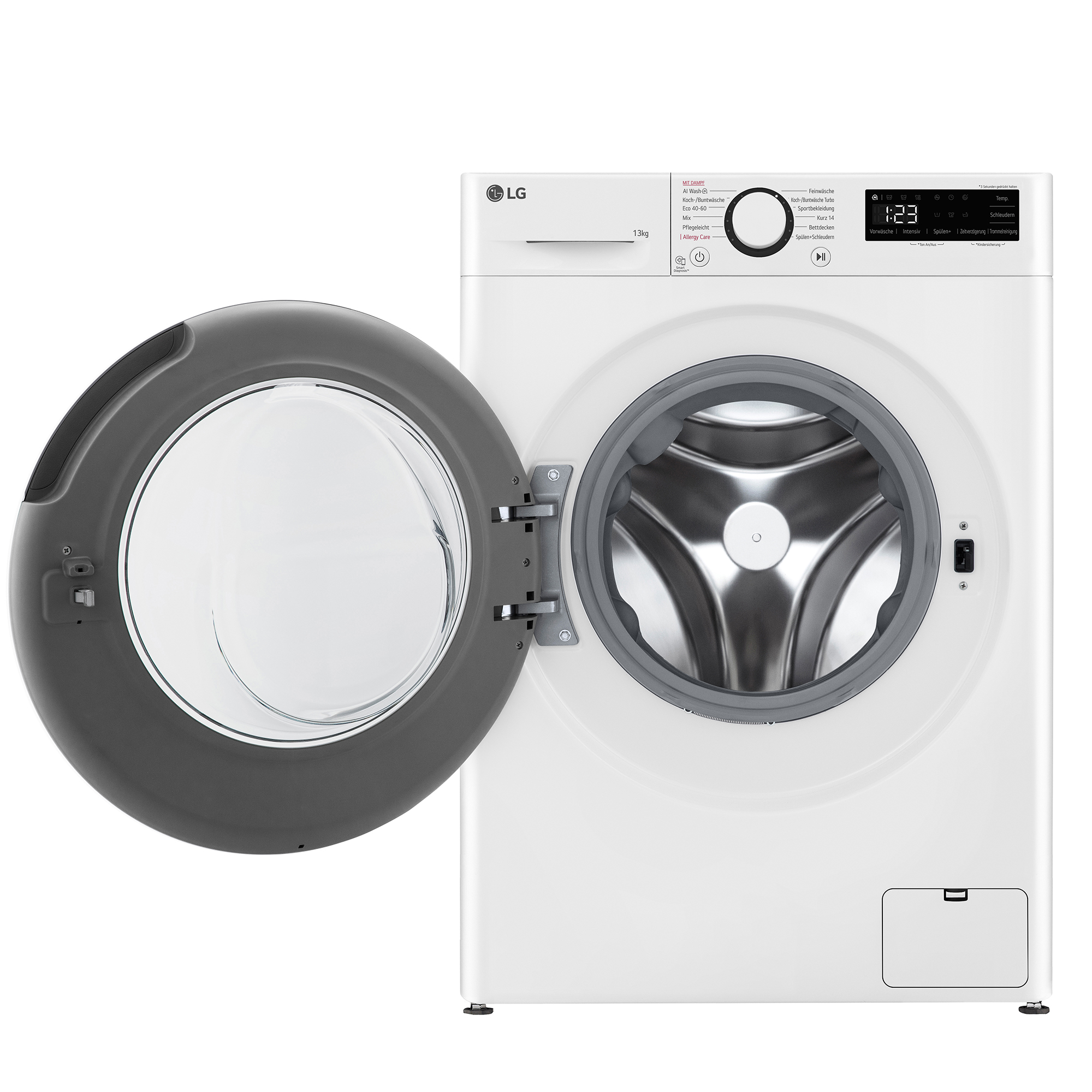 Weiße LG Waschmaschine mit geöffneter grauer Tür und silberner Trommel.