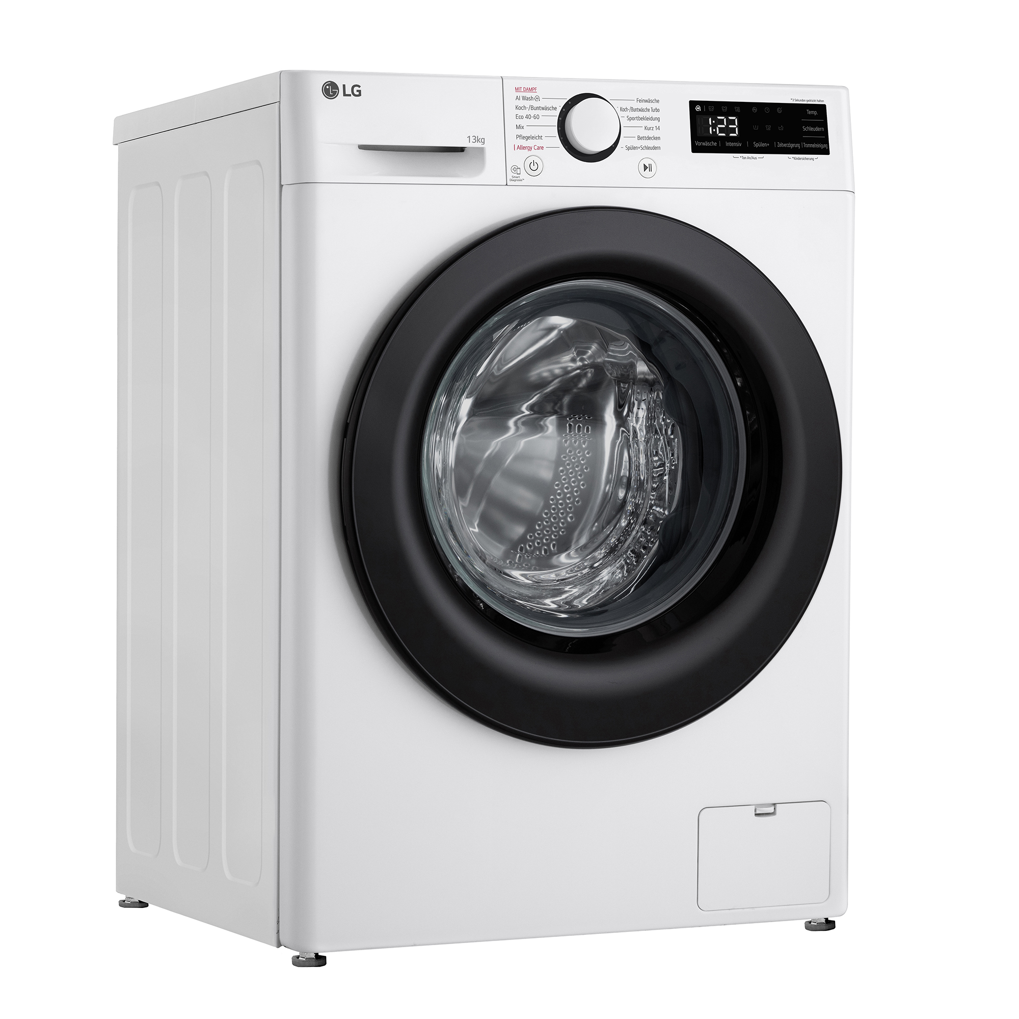 Eine weiße LG Waschmaschine mit schwarzem Bullauge und Bedienfeld.