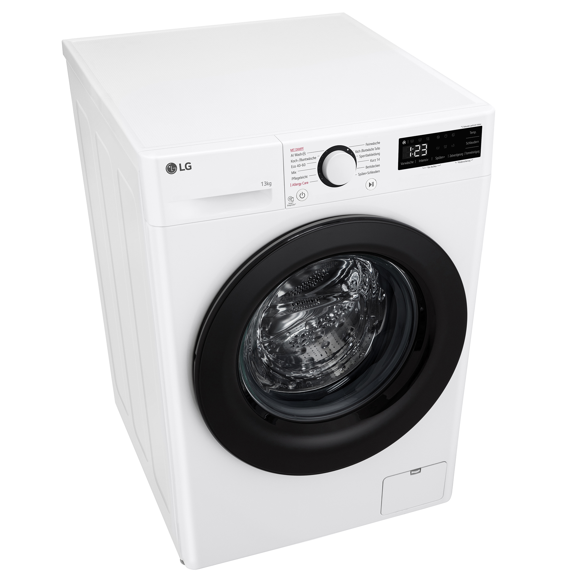 Eine weiße LG Waschmaschine mit schwarzer Tür und Bedienfeld. Sie hat 13kg Kapazität.