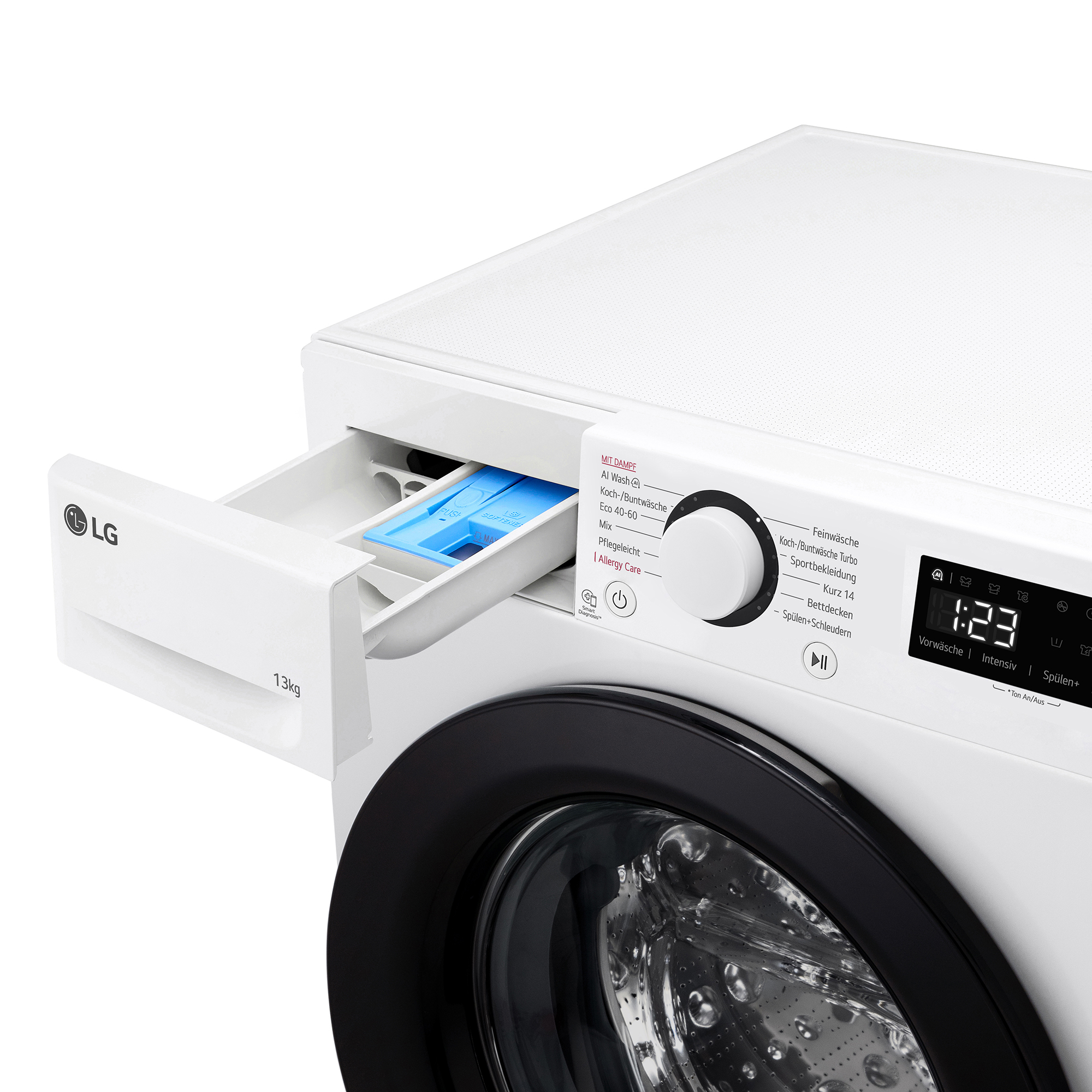Weiße LG Waschmaschine mit ausgefahrener Schublade für Waschmittel und Bedienfeld.