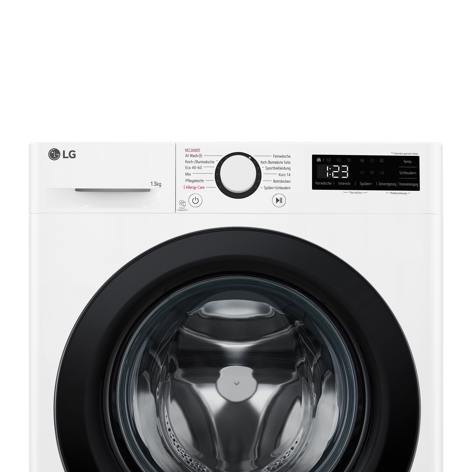 Weiße LG Waschmaschine mit schwarzer Tür und digitalem Display. 13kg Kapazität.