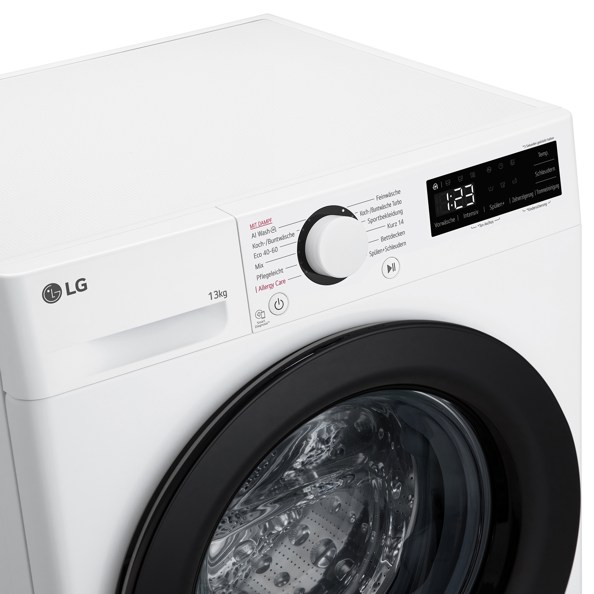 Eine weiße LG Waschmaschine mit 13kg Fassungsvermögen und schwarzem Bullauge.