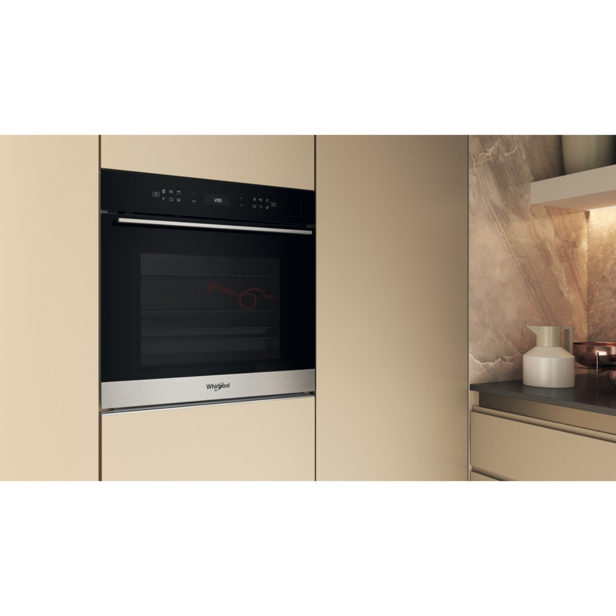 A modern built-in oven with a black glass door and stainless steel trim.